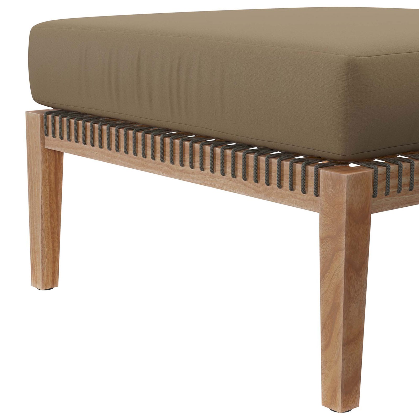Teak leg and rope lattice base close-up highlighting the craftsmanship of the Clearwater sectional || EEI-6122-GRY-LBR || leg_studio