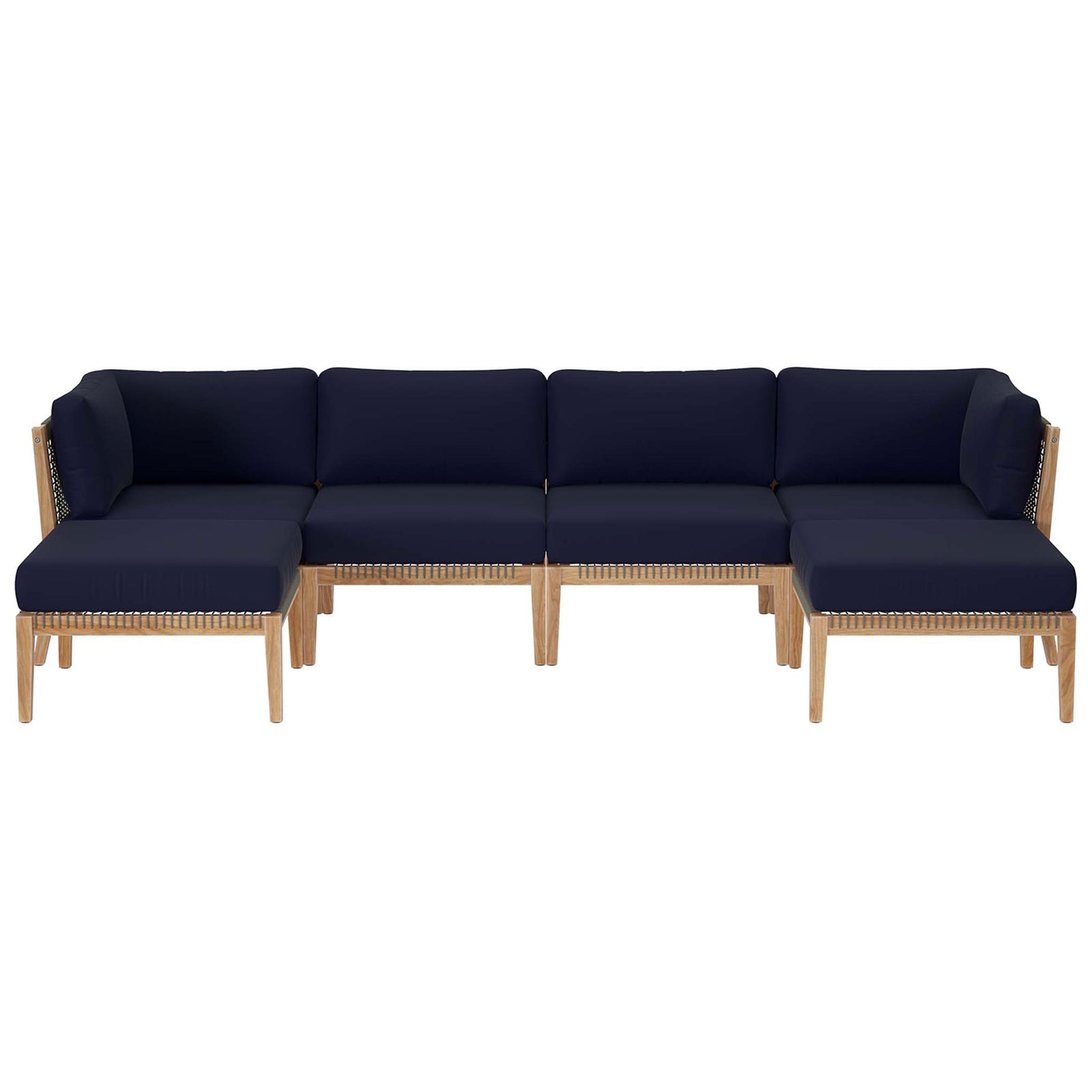 L-shaped navy blue teak patio sectional with six modular seats and woven rope accents || EEI-6122-GRY-NAV || front_studio