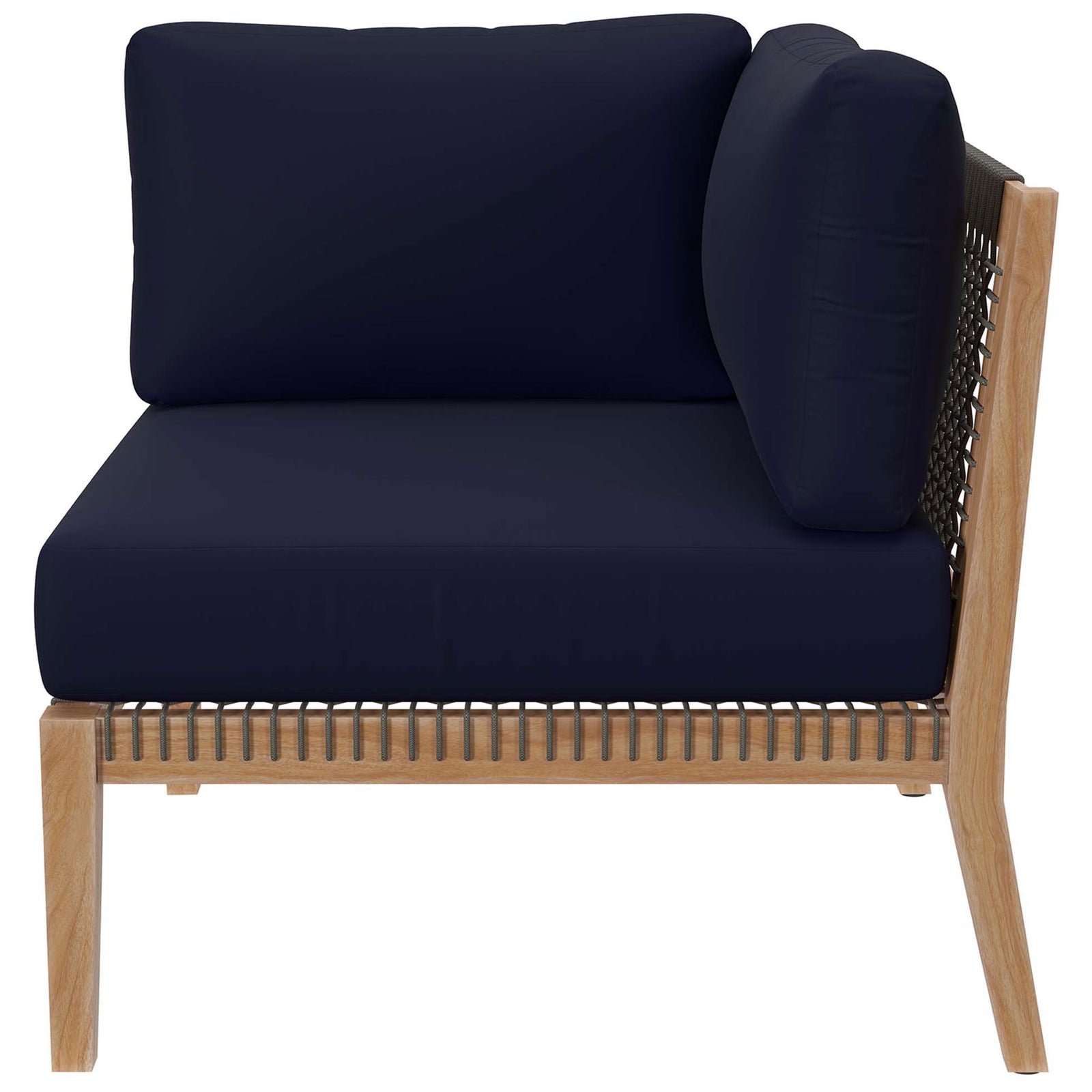 Navy blue corner chair featuring supportive back cushions and a textured rope side panel || EEI-6122-GRY-NAV || side_partial_studio