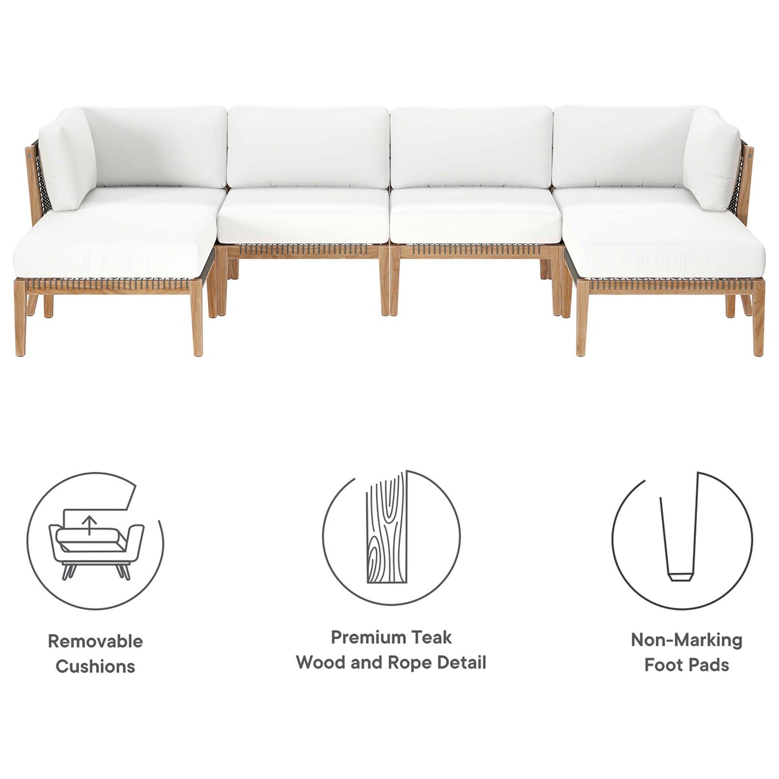 Clearwater white patio sectional with icons for removable cushions, teak wood, and non-marking feet || EEI-6122-GRY-WHI || callout_studio