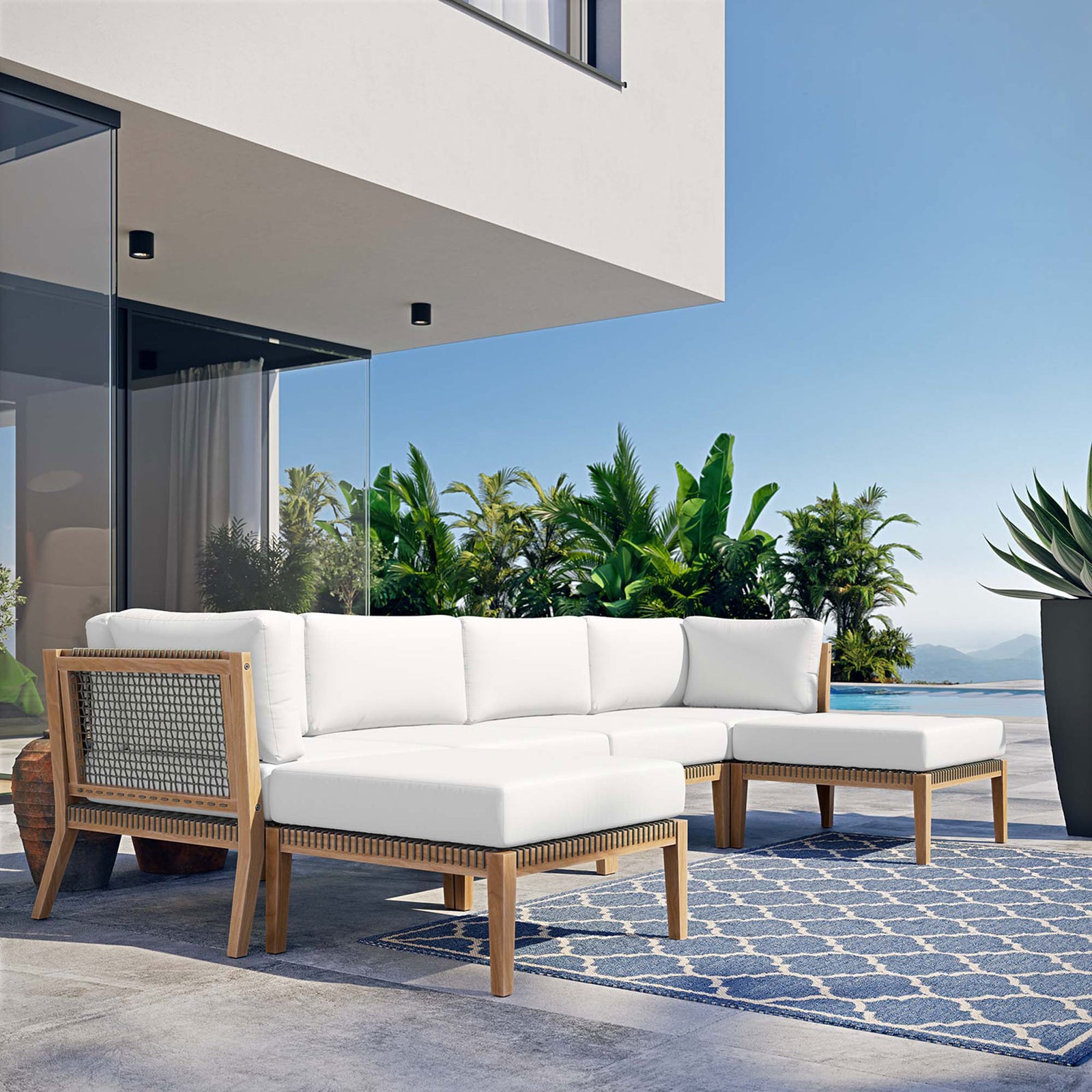White outdoor teak sectional creating a cozy lounge area on a sunlit poolside terrace || EEI-6122-GRY-WHI || front_angle_room