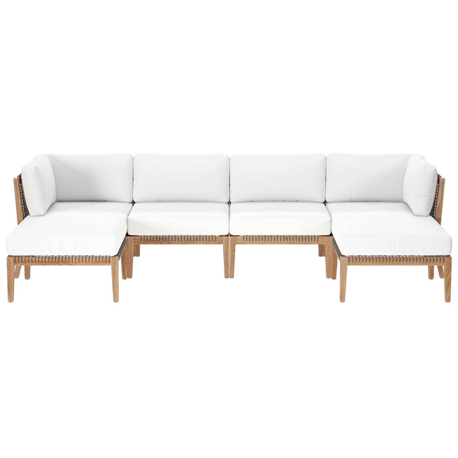 L-shaped white teak patio sectional with six modular seats and woven rope accents || EEI-6122-GRY-WHI || front_studio
