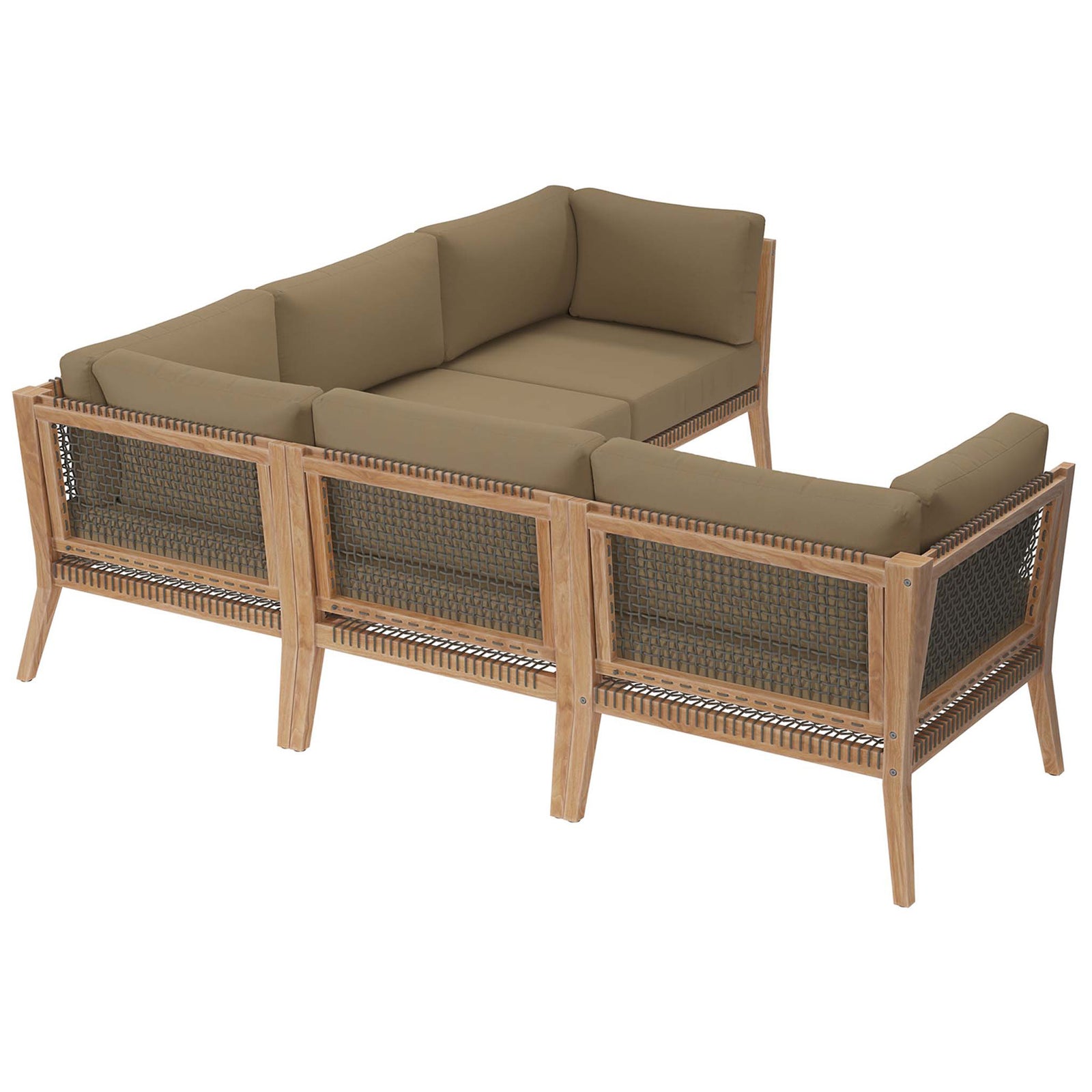Back of the teak sectional highlighting rope webbing panels and tailored light brown cushions || EEI-6123-GRY-LBR || back_angle_studio