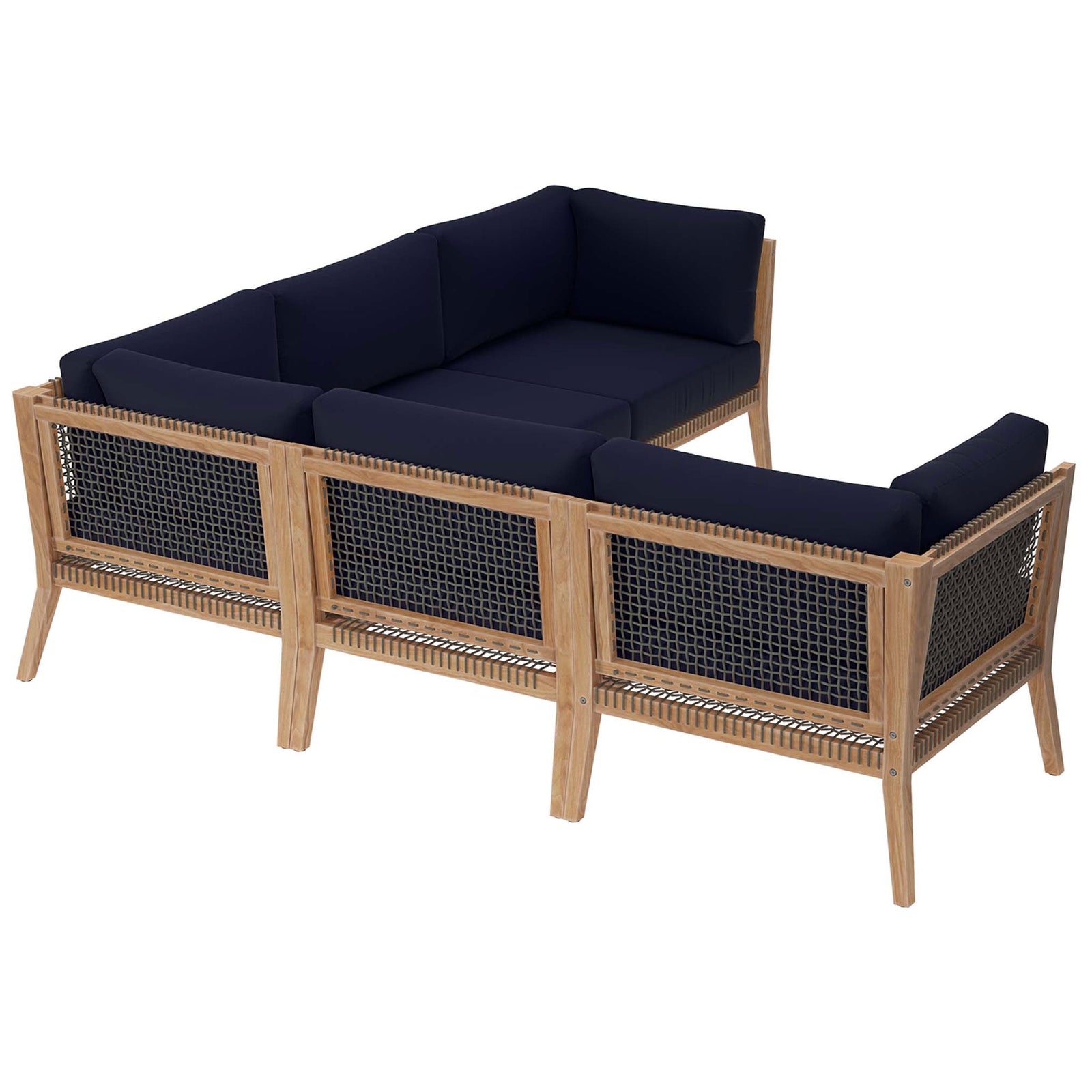 Back of the navy teak sectional revealing rope webbing and neatly tailored deep blue cushions || EEI-6123-GRY-NAV || back_angle_studio