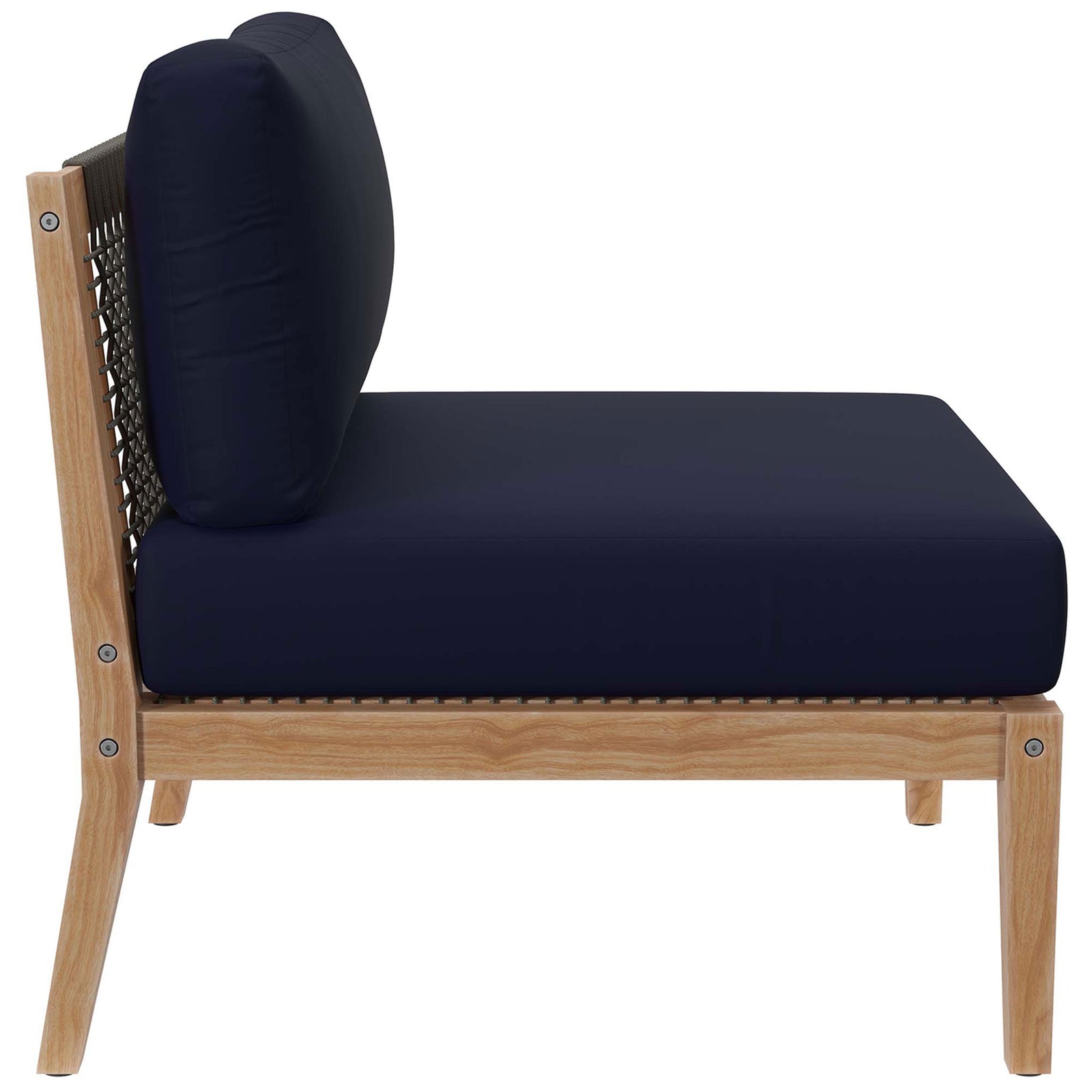 Armless chair profile displaying supportive back cushion, rope-wrapped backrest, and tapered teak legs || EEI-6123-GRY-NAV || side_partial_studio