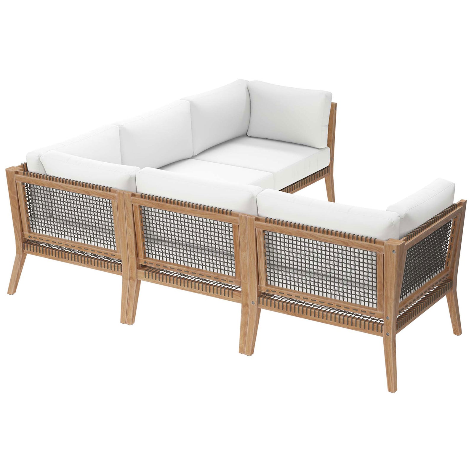 Back of the white teak sectional highlighting rope webbing panels and tailored bright cushions || EEI-6123-GRY-WHI || back_angle_studio