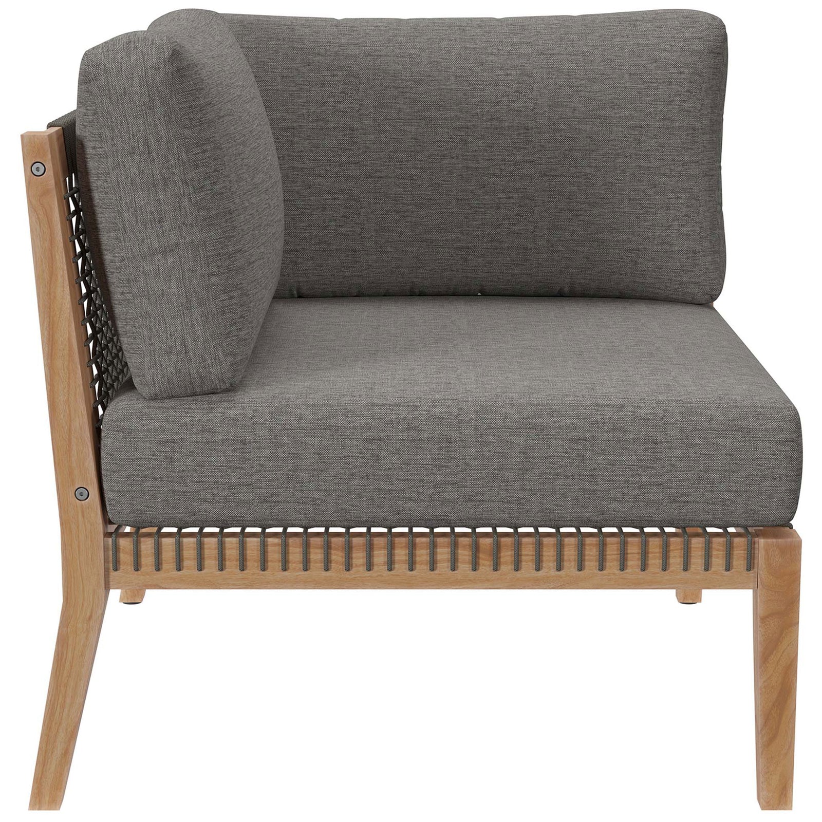 Corner chair with gray graphite cushions, rope accents, and tapered teak legs || EEI-6125-GRY-GPH || front_partial_studio