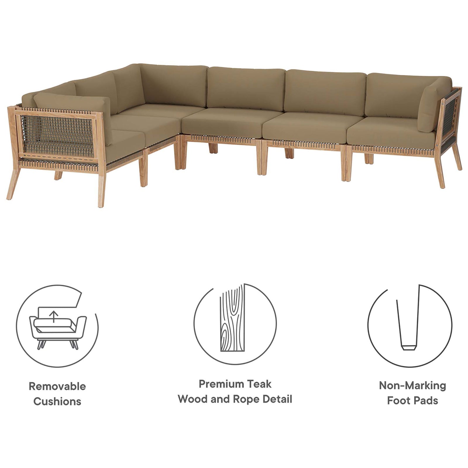 Feature graphic highlighting removable cushions, premium teak wood, and non-marking foot pads || EEI-6125-GRY-LBR || callout_studio