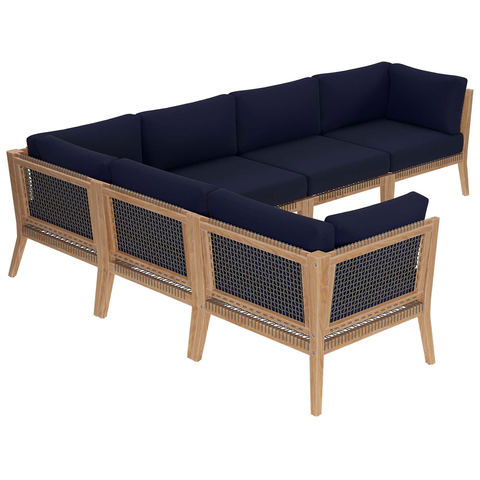 Back of navy teak sectional showcasing woven rope panels and slim legs || EEI-6125-GRY-NAV || back_angle_studio