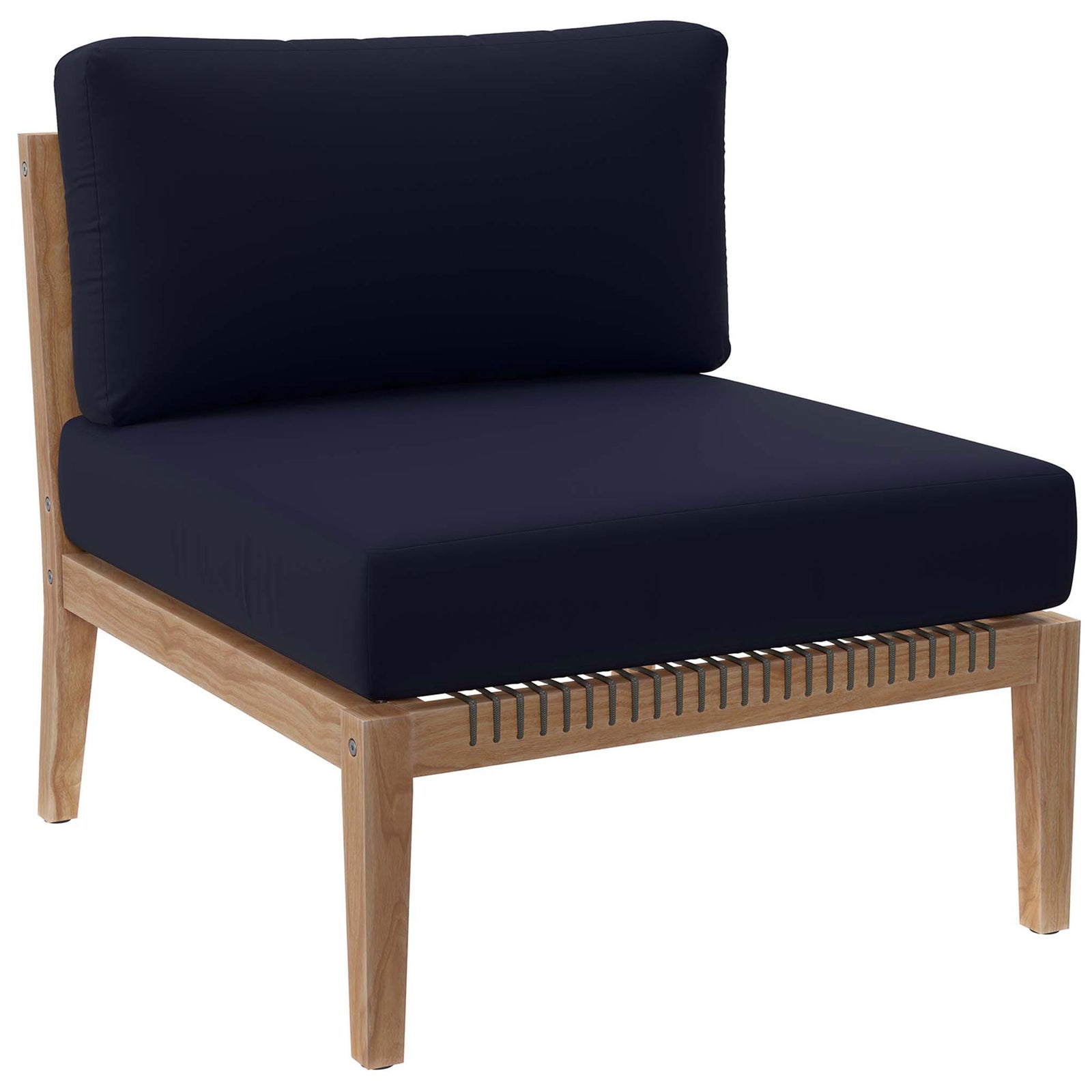Navy armless chair module with plush seat and back over teak frame || EEI-6125-GRY-NAV || front_angle_partial_studio