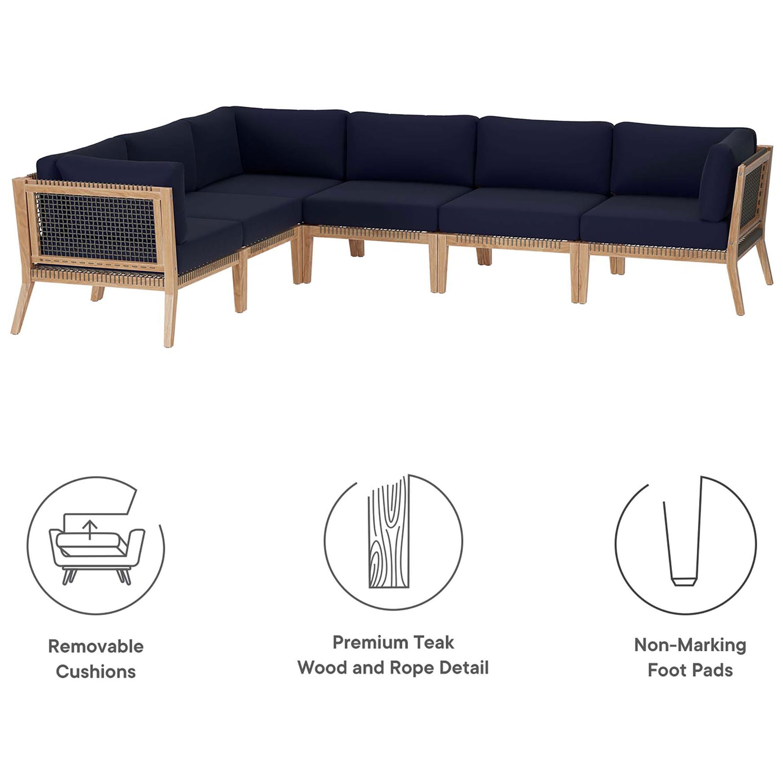 Feature graphic highlighting removable cushions, premium teak wood, and non-marking foot pads || EEI-6125-GRY-NAV || callout_studio