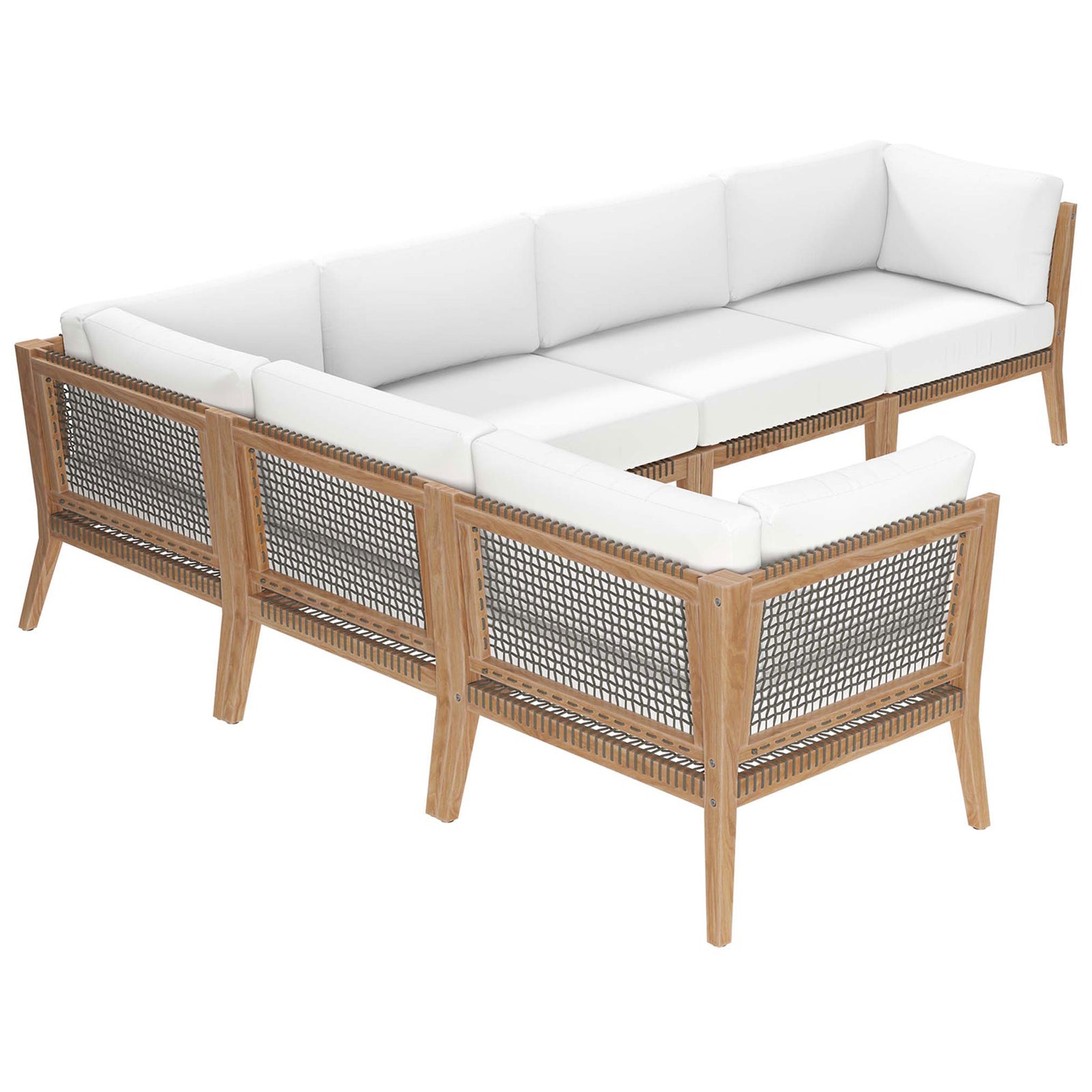 Back of white teak sectional showcasing woven rope panels and slim legs || EEI-6125-GRY-WHI || back_angle_studio