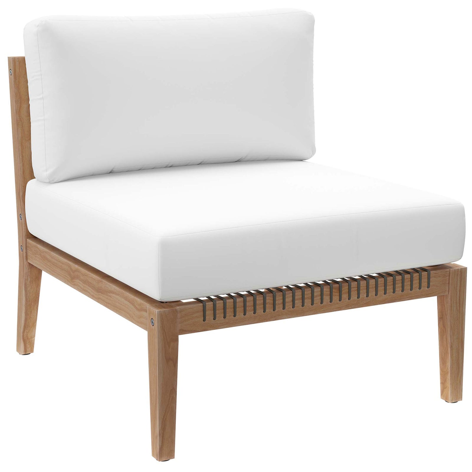 White armless chair module with plush seat and back over teak frame || EEI-6125-GRY-WHI || front_angle_partial_studio