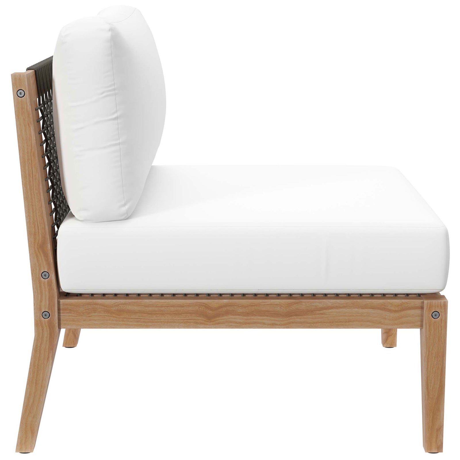 Armless chair with white cushion, rope backrest, and tapered teak legs || EEI-6125-GRY-WHI || side_partial_studio
