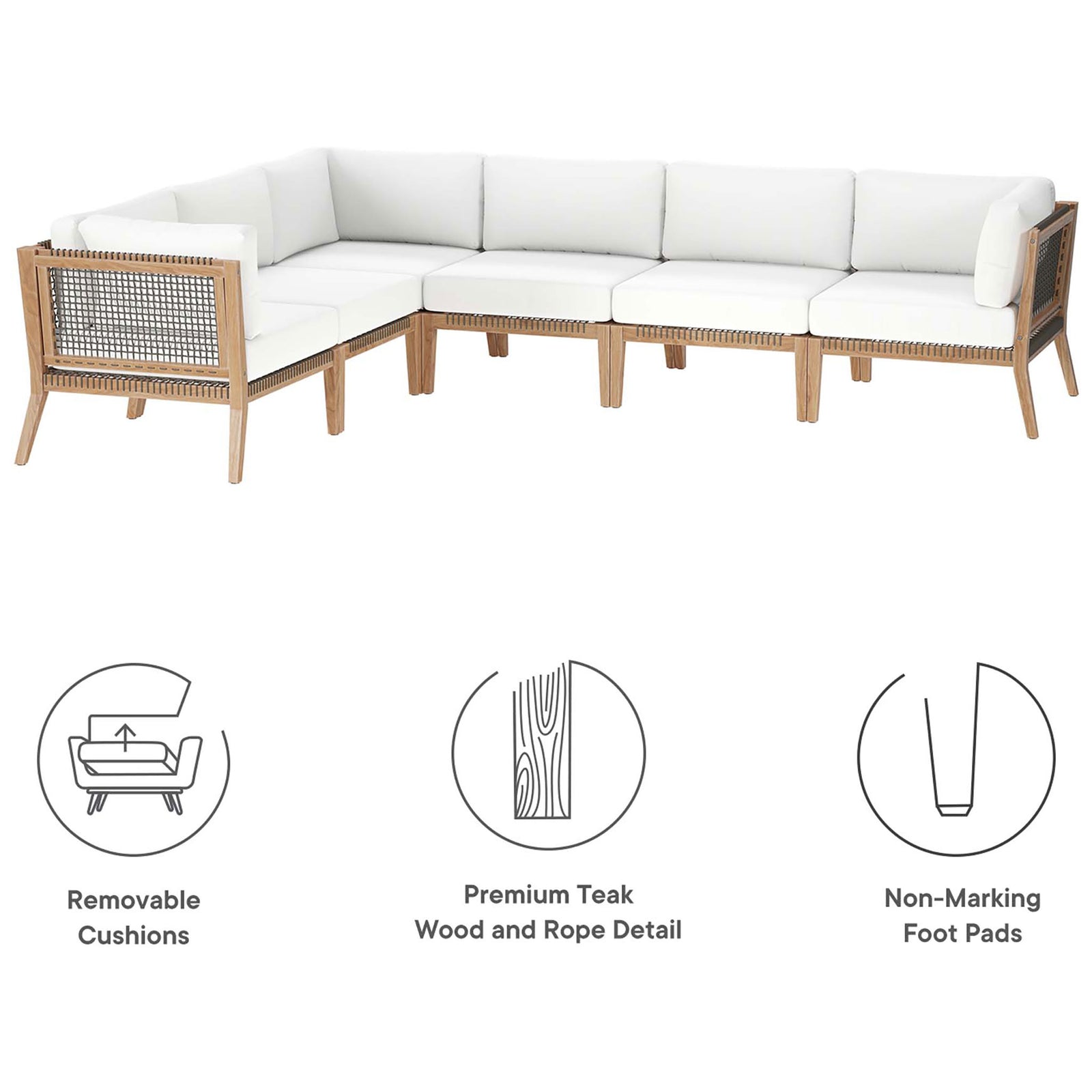 Feature graphic highlighting removable cushions, premium teak wood, and non-marking foot pads || EEI-6125-GRY-WHI || callout_studio