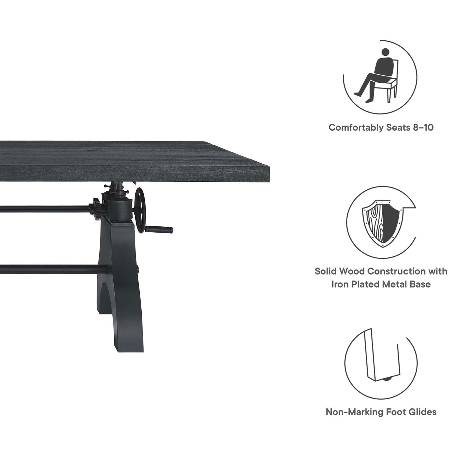 Feature graphic highlighting seating for eight to ten, solid wood top, iron-plated base, and non-marking foot glides || EEI-6149-BLK-BLK || callout_studio