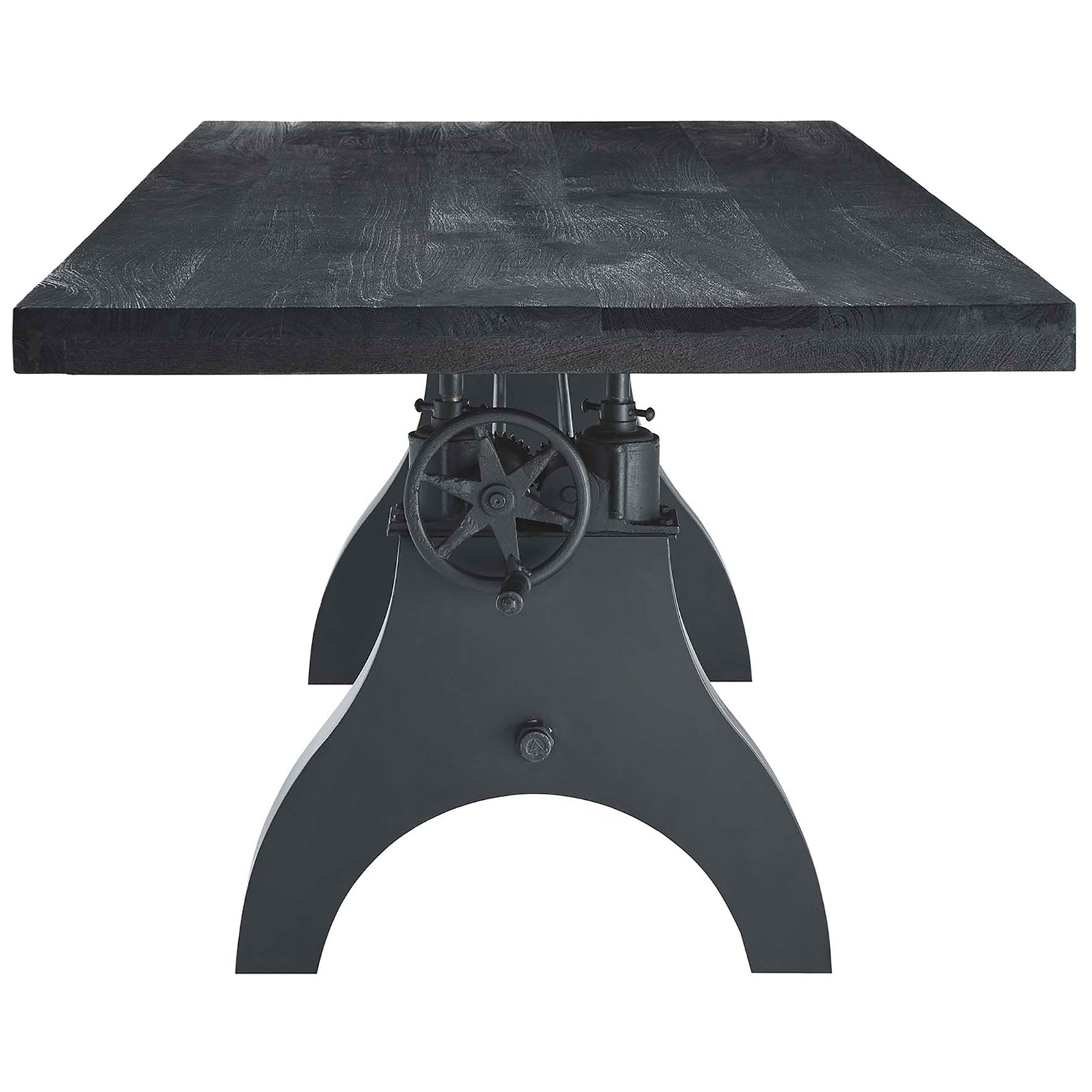 Black crank table with solid wood end grain, exposed gear mechanism, and sturdy wishbone leg base || EEI-6149-BLK-BLK || side_studio