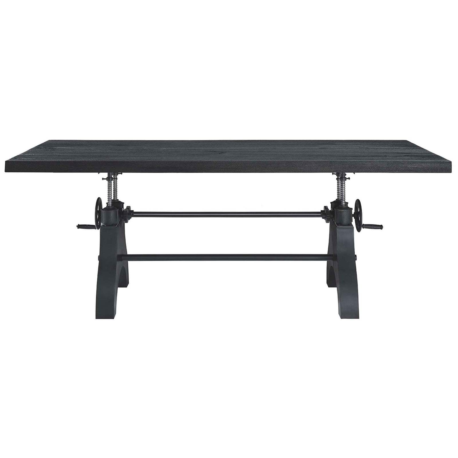 High-profile adjustable dining table in black with thick rectangular top and dual pedestal crank base || EEI-6149-BLK-BLK || front_studio