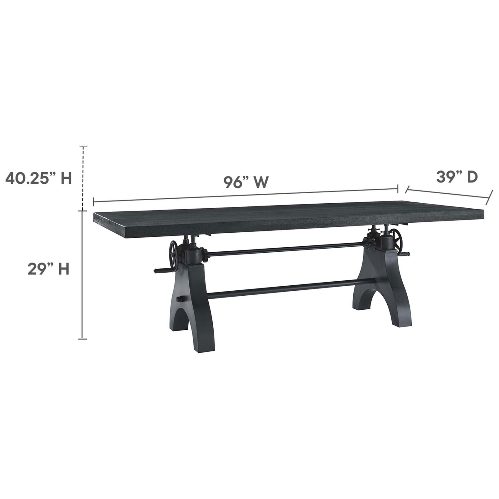 Adjustable dining table with overlay showing 96 inch width, 39 inch depth, and 29 to 40.25 inch height range || EEI-6149-BLK-BLK || dimension_studio