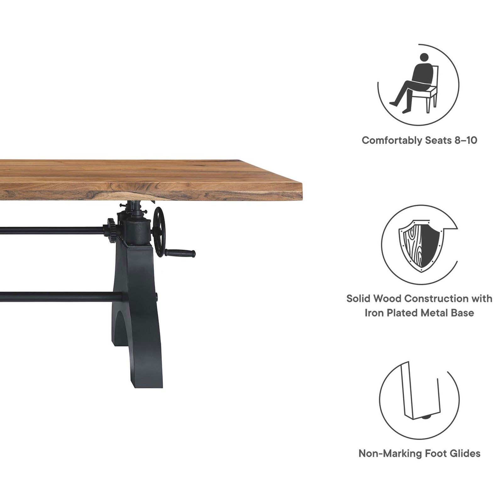 Dining table graphic showcasing seating capacity, solid wood top with metal base, and non-marking foot glides || EEI-6149-BLK-NAT || callout_studio