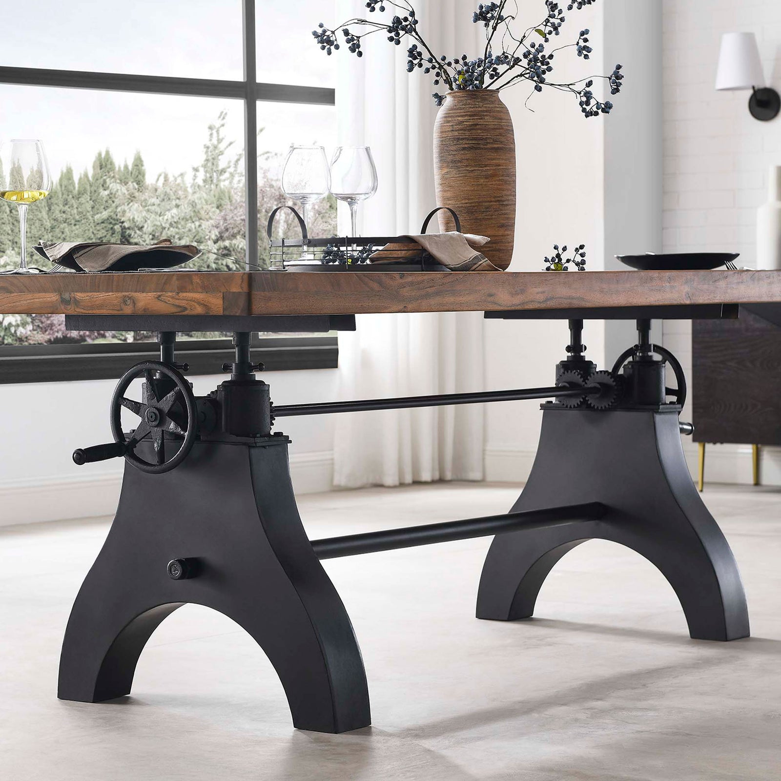 Industrial crank base of the Genuine table bringing a bold black accent to the styled dining room || EEI-6149-BLK-NAT || detail_room