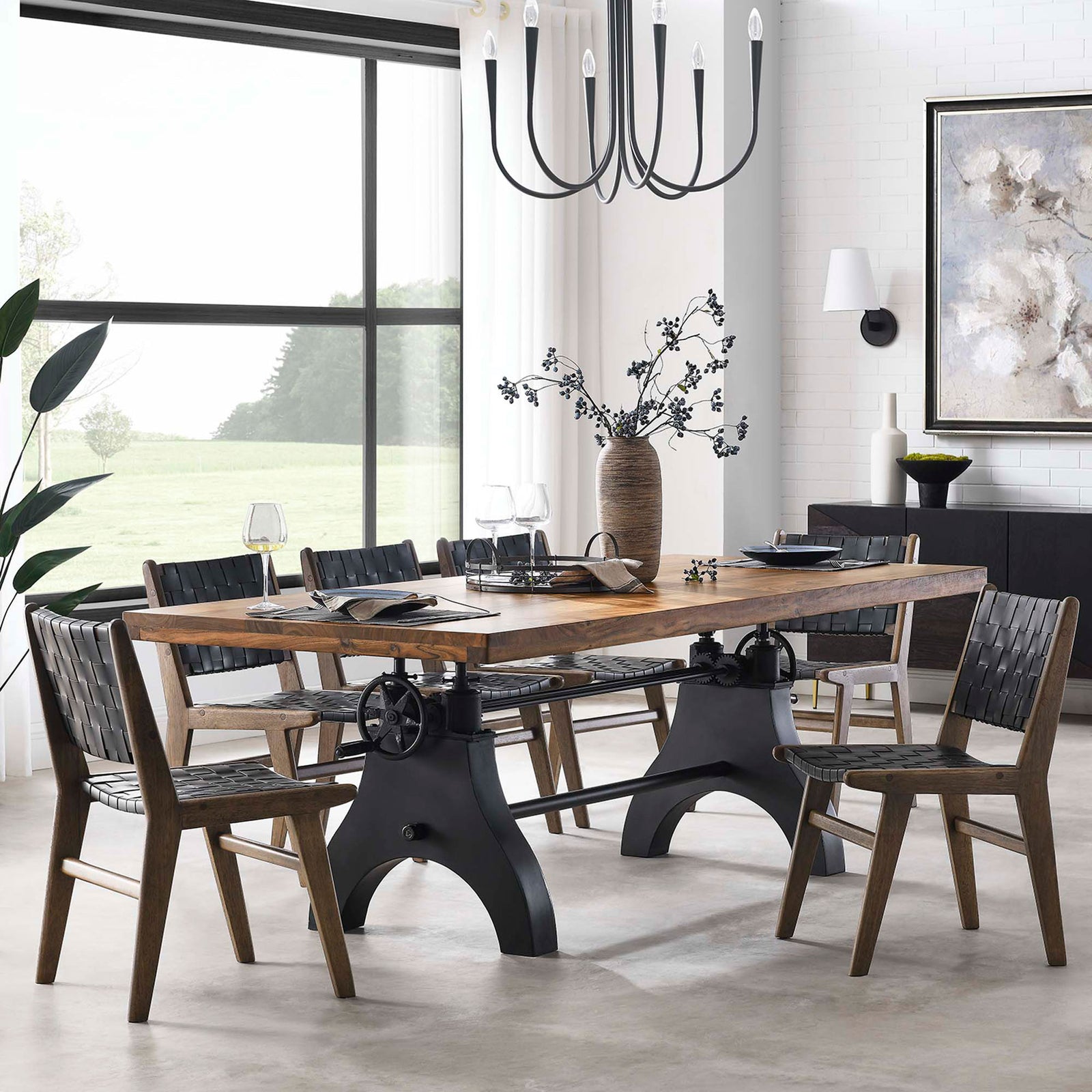 Genuine dining table styled with woven chairs and modern lighting for an inviting gathering space || EEI-6149-BLK-NAT || front_angle_room
