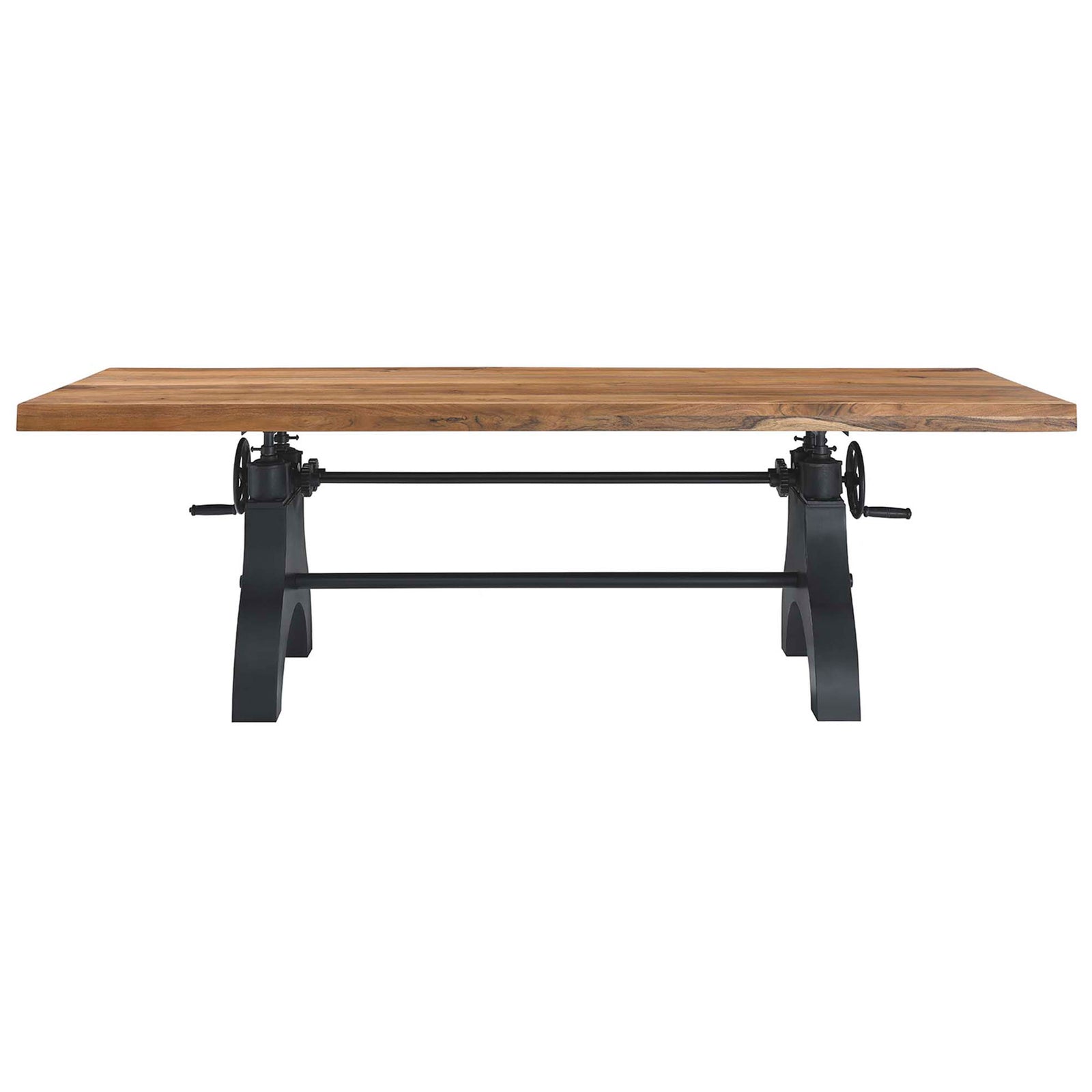 Genuine 96-inch adjustable-height table with thick wood top and bold black metal base || EEI-6149-BLK-NAT || front_studio