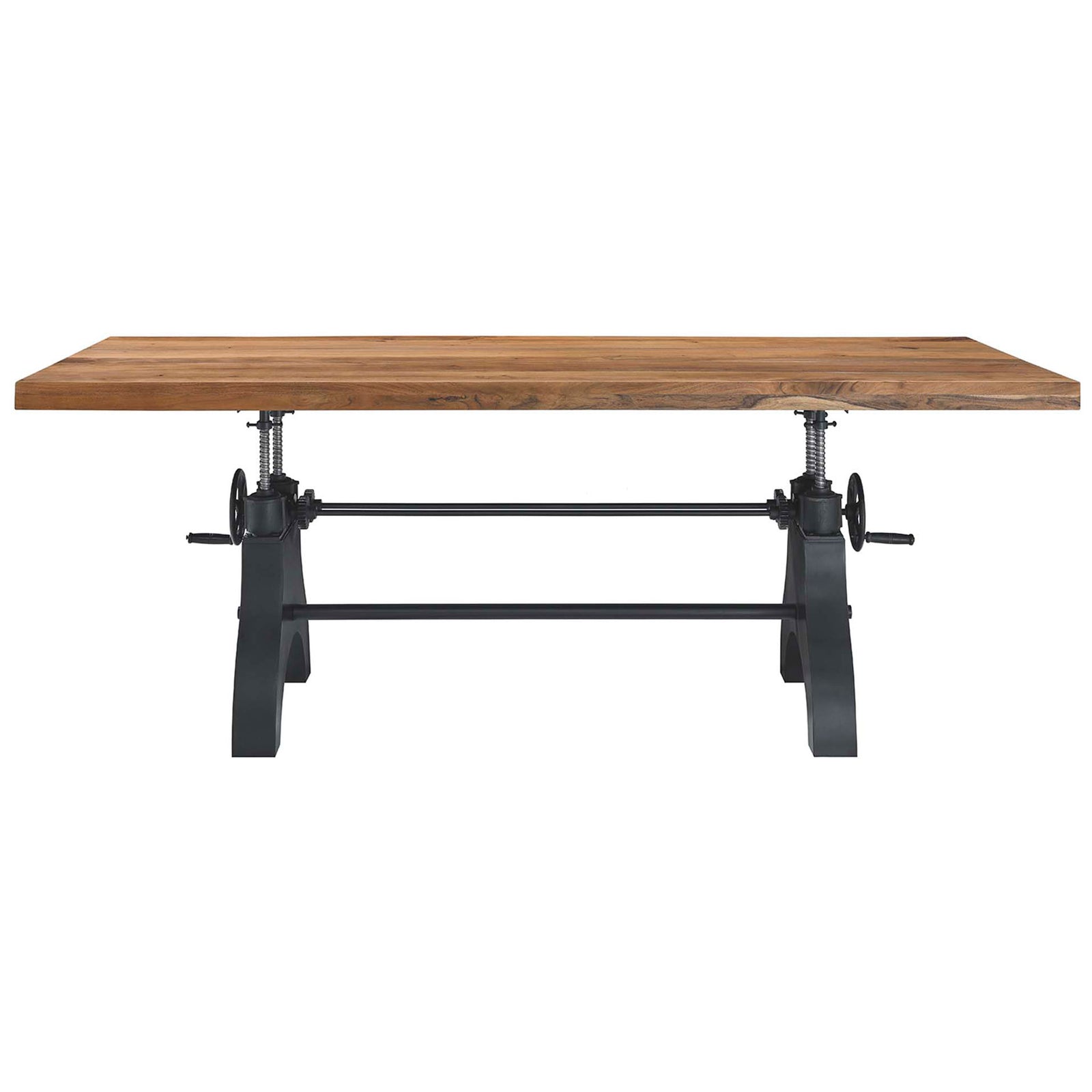 Genuine crank adjustable dining table showcasing solid wood surface and industrial black frame || EEI-6149-BLK-NAT || front_studio