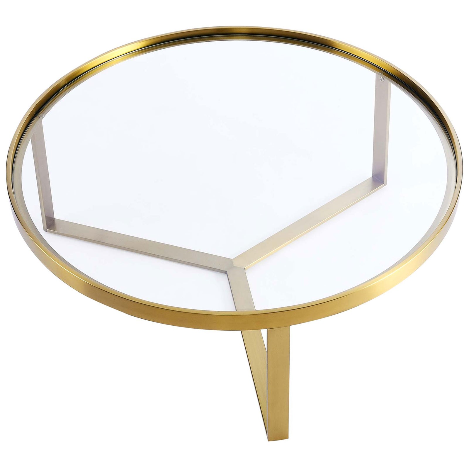 Clear glass top framed in brushed gold with three radiating supports for airy style || EEI-6153-GLD || top_angle_studio