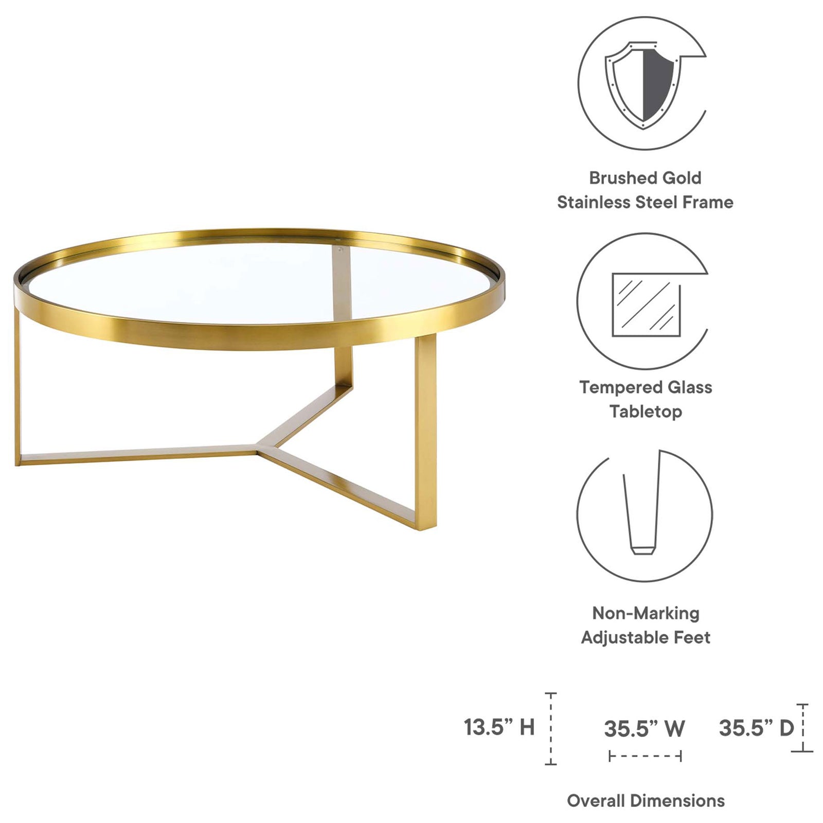 Brushed gold steel frame, tempered glass top, and adjustable non-marking feet for stability || EEI-6153-GLD || dimension_studio