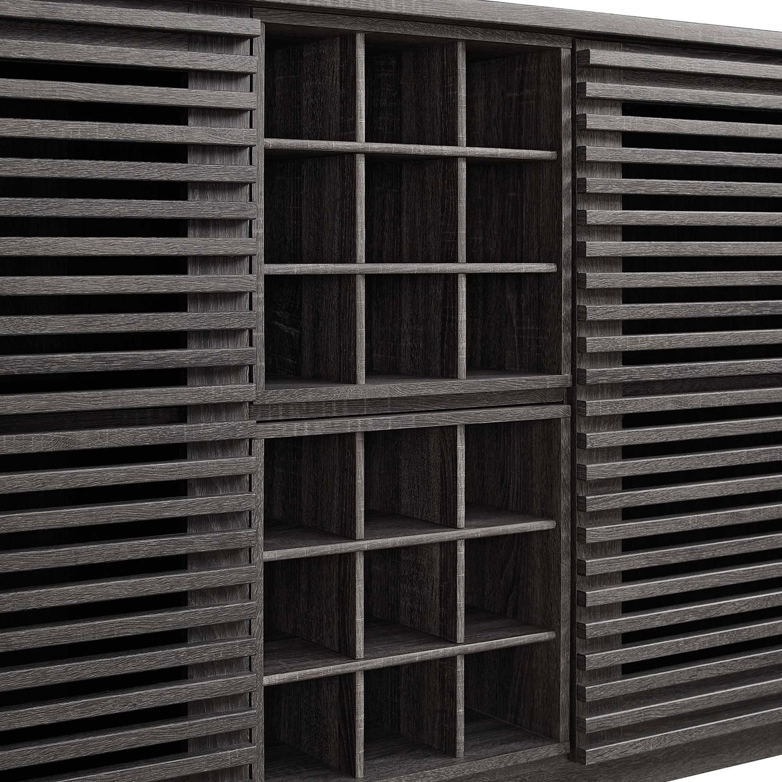 Central grid wine storage neatly organizes up to 18 bottles within the cabinet's charcoal wood interior || EEI-6156-CHA || storage_studio