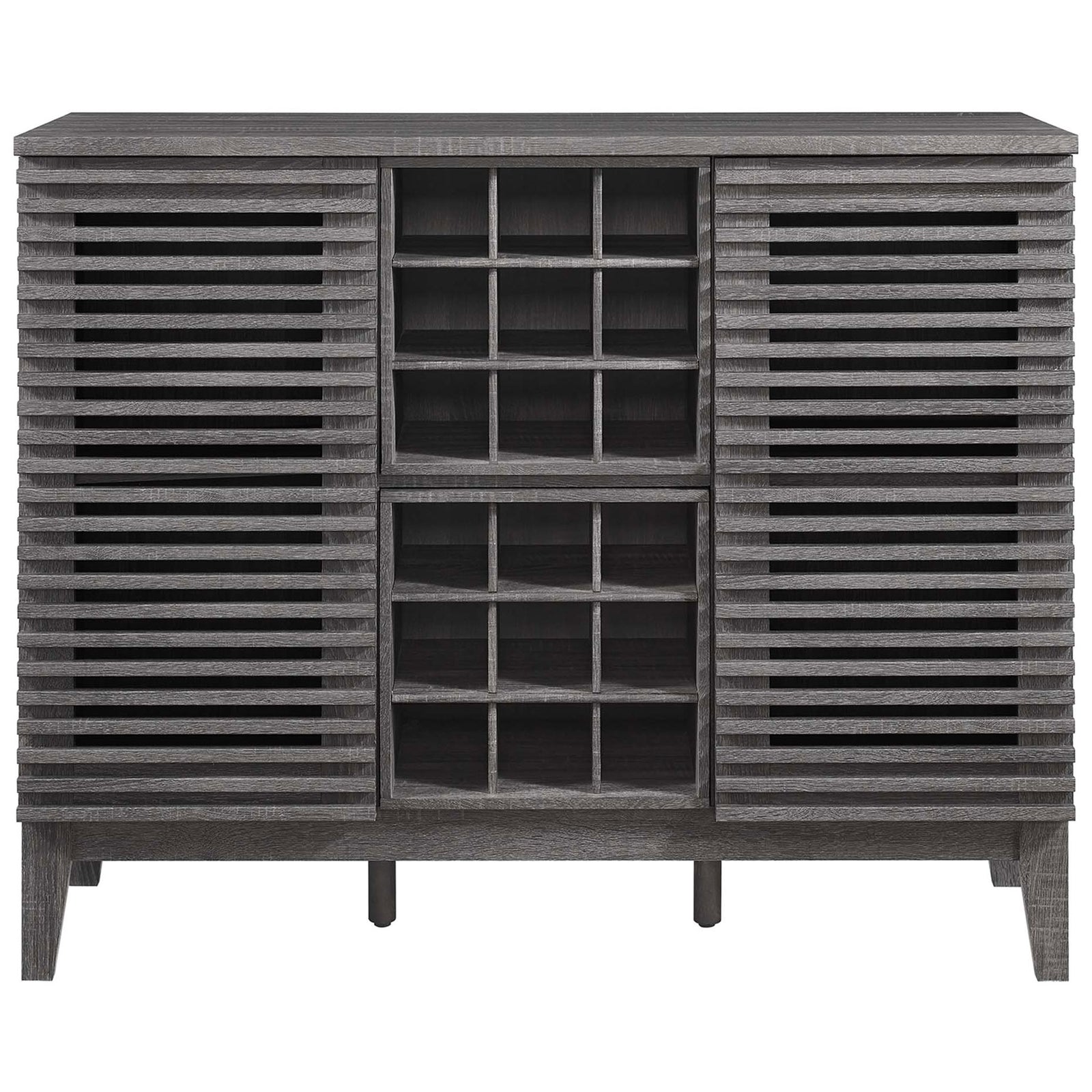 Charcoal wood bar cabinet with slatted doors, 18-bottle wine rack, and tapered legs for a sleek mid-century look || EEI-6156-CHA || front_studio