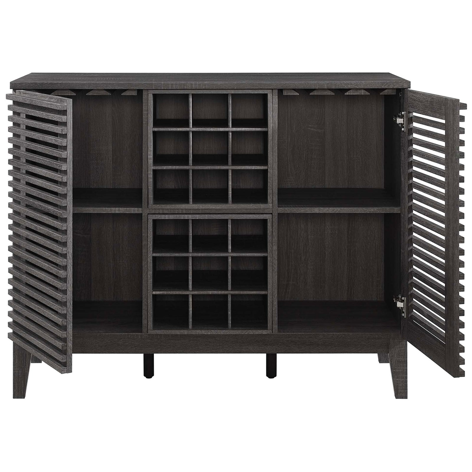 Spacious interior with stemware rails, adjustable shelves, and a central 18-bottle wine rack behind slatted doors || EEI-6156-CHA || front_open_studio