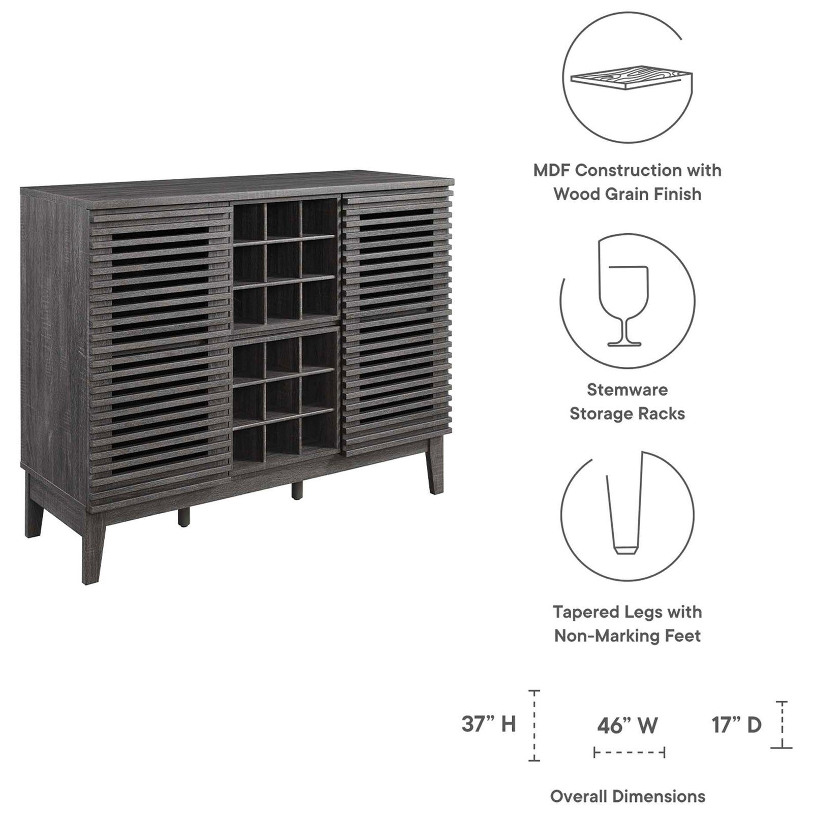 Feature highlights and overall dimensions for the charcoal slatted bar cabinet with wine and stemware storage || EEI-6156-CHA || callout_studio