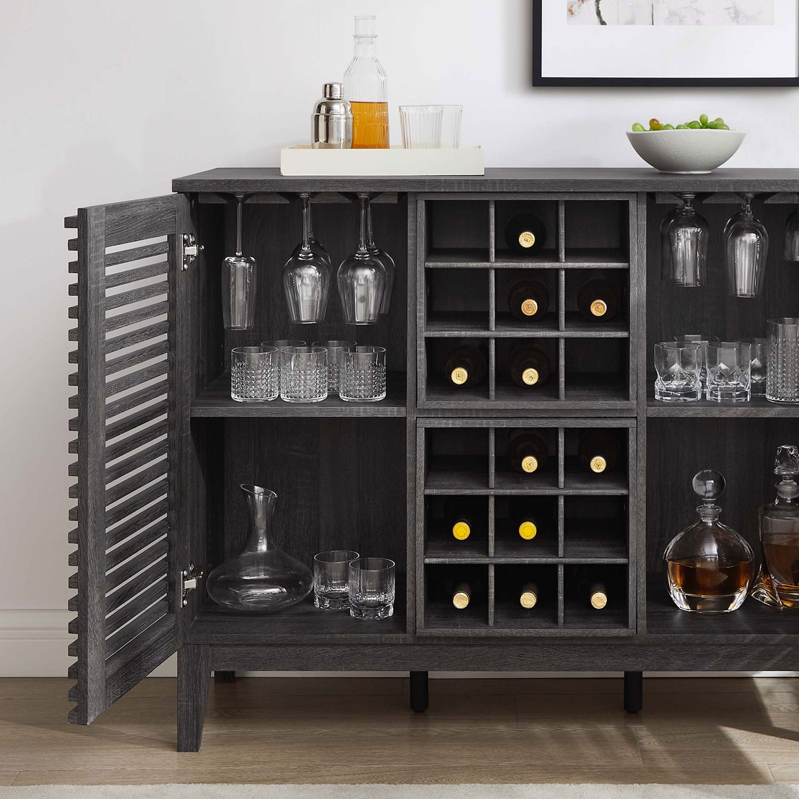 Organized bar essentials with stemware racks, bottle grid, and open shelving keep everything within easy reach || EEI-6156-CHA || storage_open_room