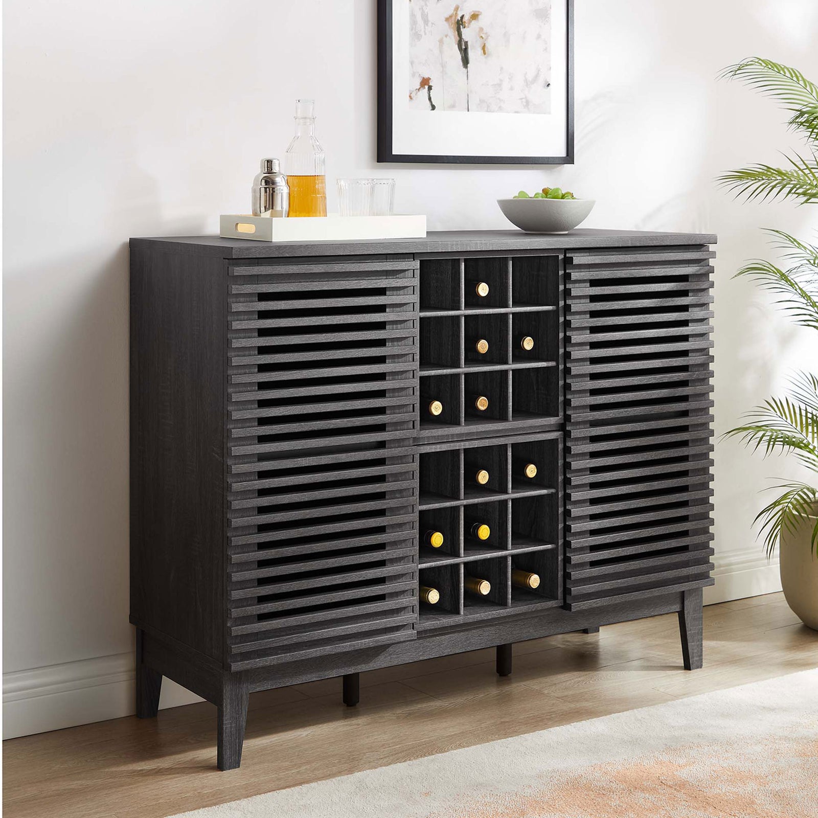 Elevated entertaining centerpiece showcasing slatted doors, ample bottle storage, and a rich charcoal wood finish || EEI-6156-CHA || front_angle_room