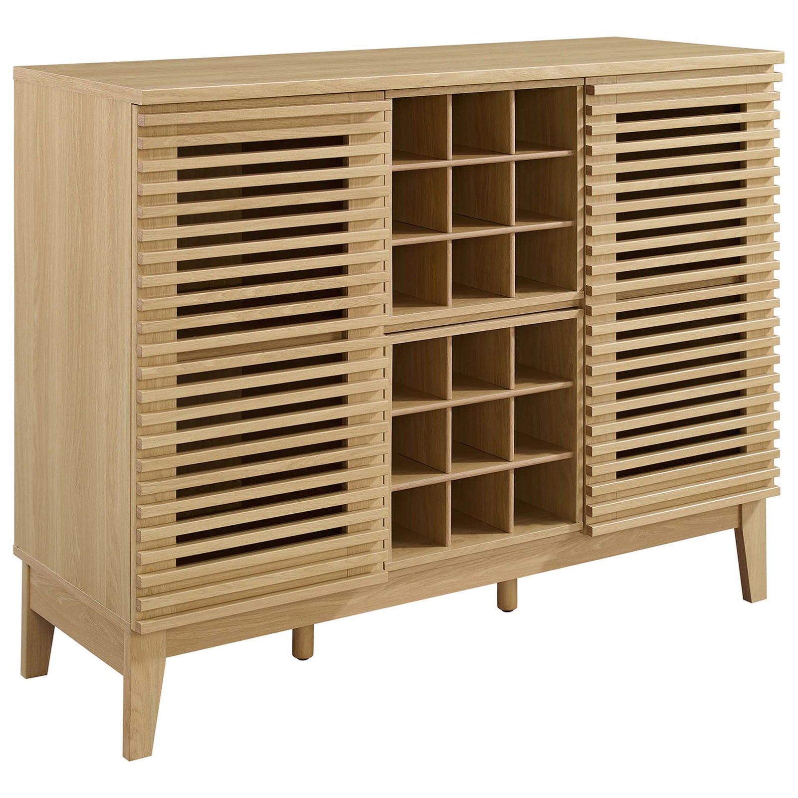 Splayed-leg bar cabinet in oak with slatted doors and central wine storage || EEI-6156-OAK || front_angle_studio