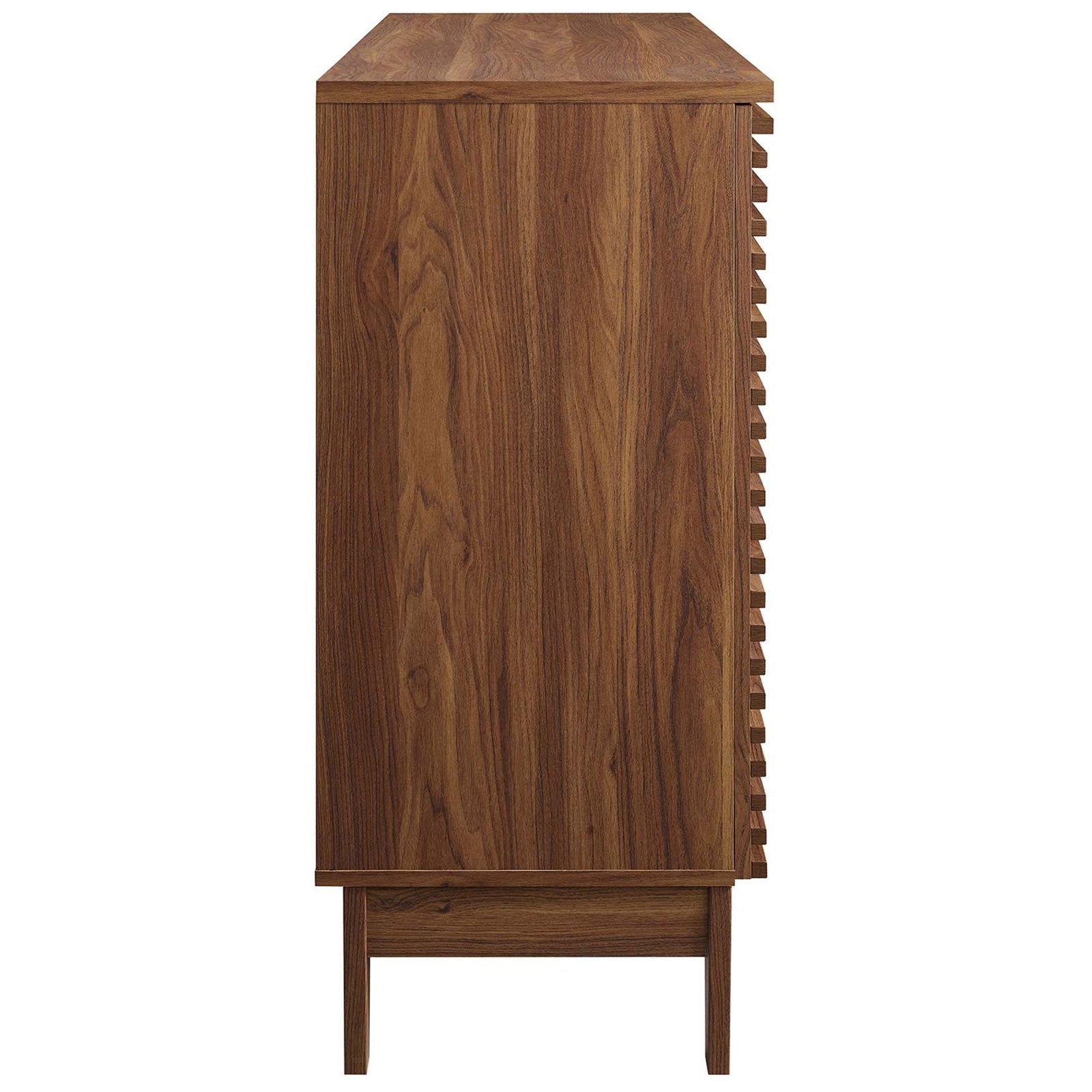 Smooth walnut grain laminate and clean side profile complement the mid-century silhouette. || EEI-6156-WAL || side_studio
