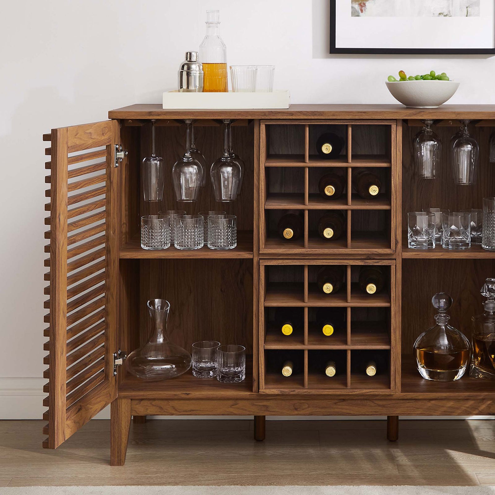 Stow glassware and decanters behind slatted doors while the center rack showcases your favorite vintages. || EEI-6156-WAL || storage_open_room