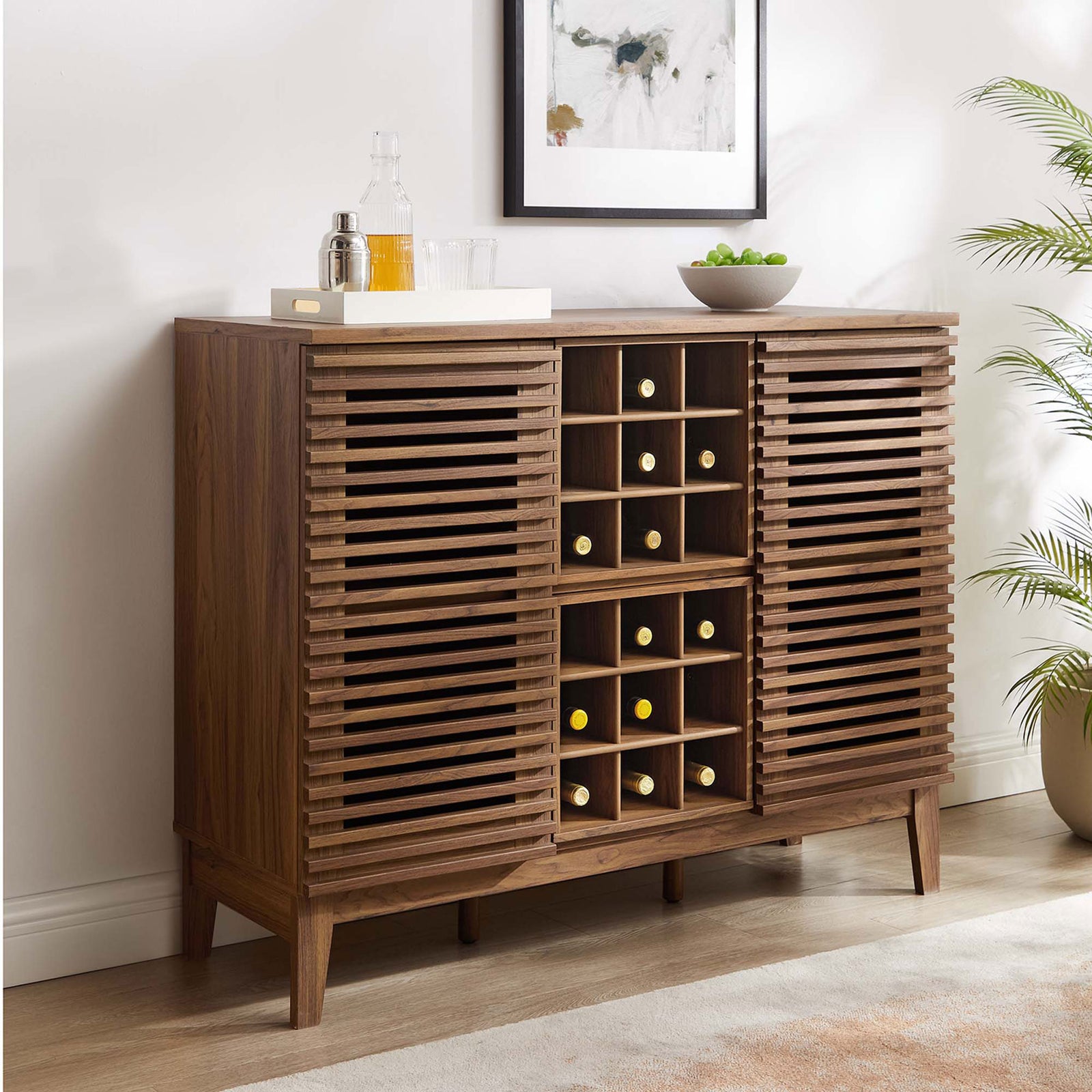 Elevated bar storage with a spacious top for serving and a streamlined walnut profile. || EEI-6156-WAL || front_angle_room