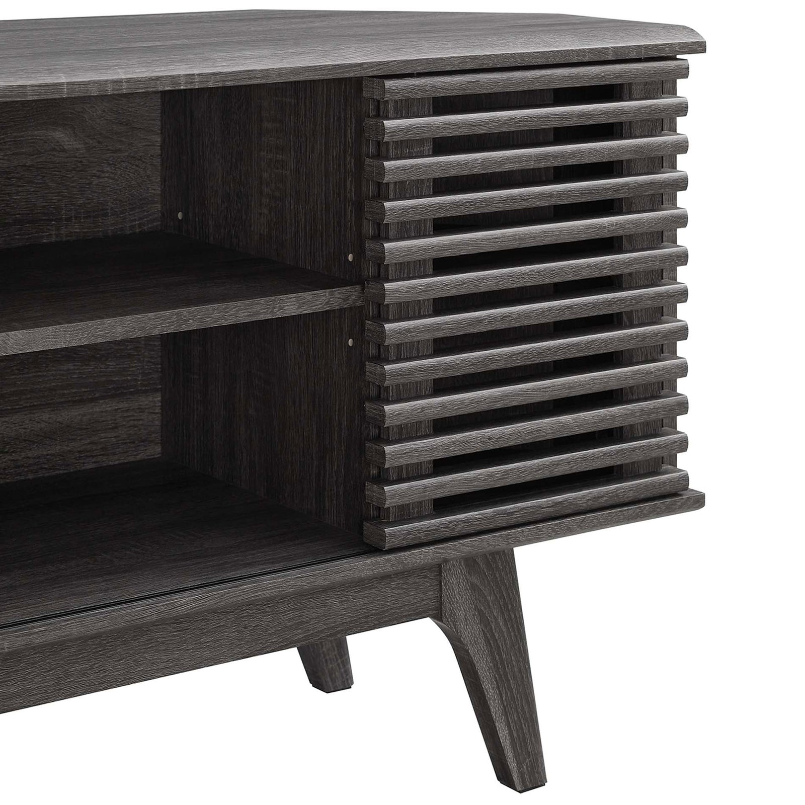 Charcoal wood grain and horizontal slats showcase the textured sliding door and shelf detail || EEI-6157-CHA || detail_studio