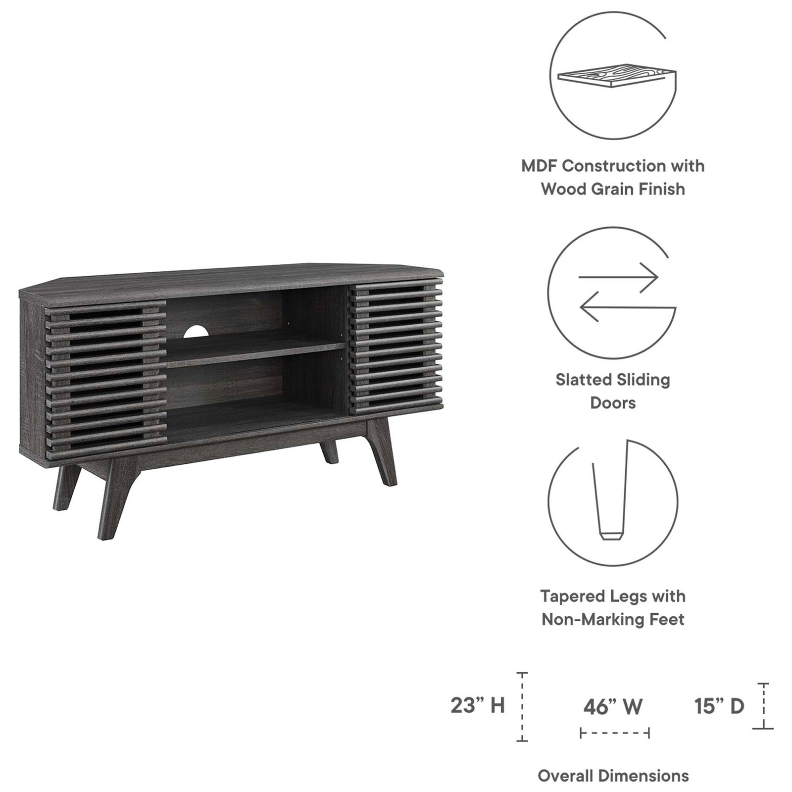 Feature graphic listing MDF wood grain finish, slatted doors, tapered legs, and dimensions of the stand || EEI-6157-CHA || dimension_studio