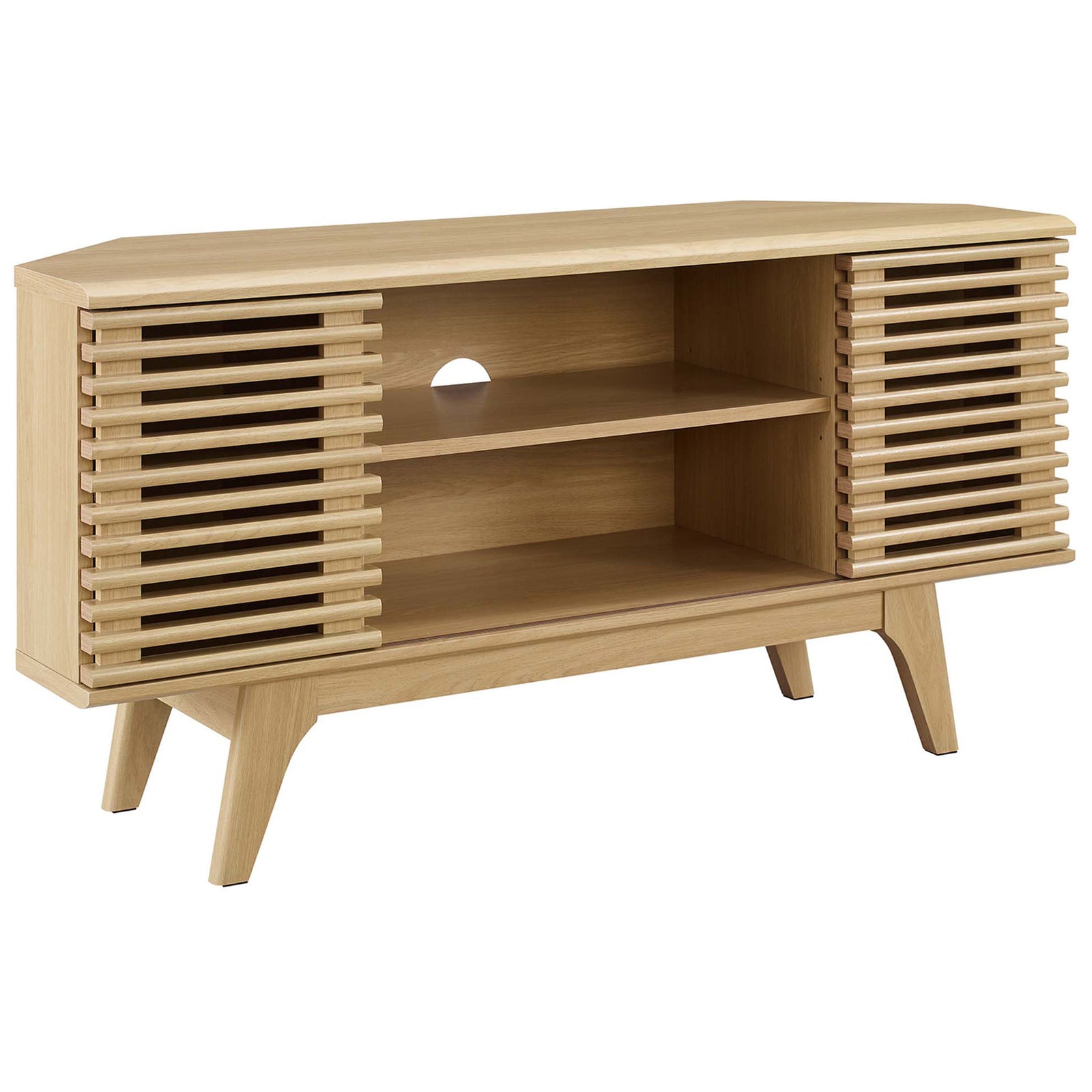 Oak corner TV stand with slatted sliding doors, open shelves, and tapered wood legs in warm tones || EEI-6157-OAK || front_angle_studio