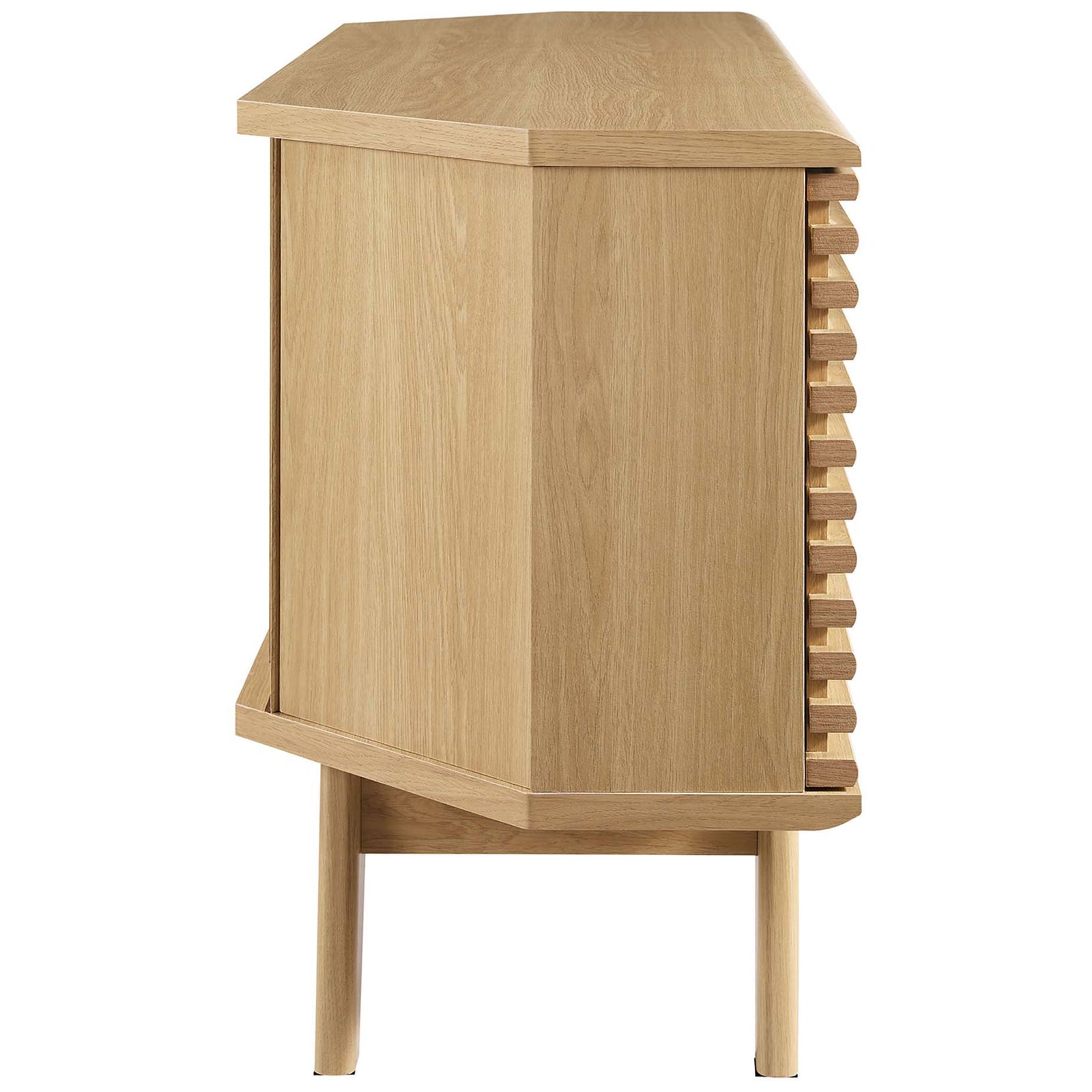 Clean oak lines and angled back let this TV stand nestle neatly into the corner of your space || EEI-6157-OAK || side_studio