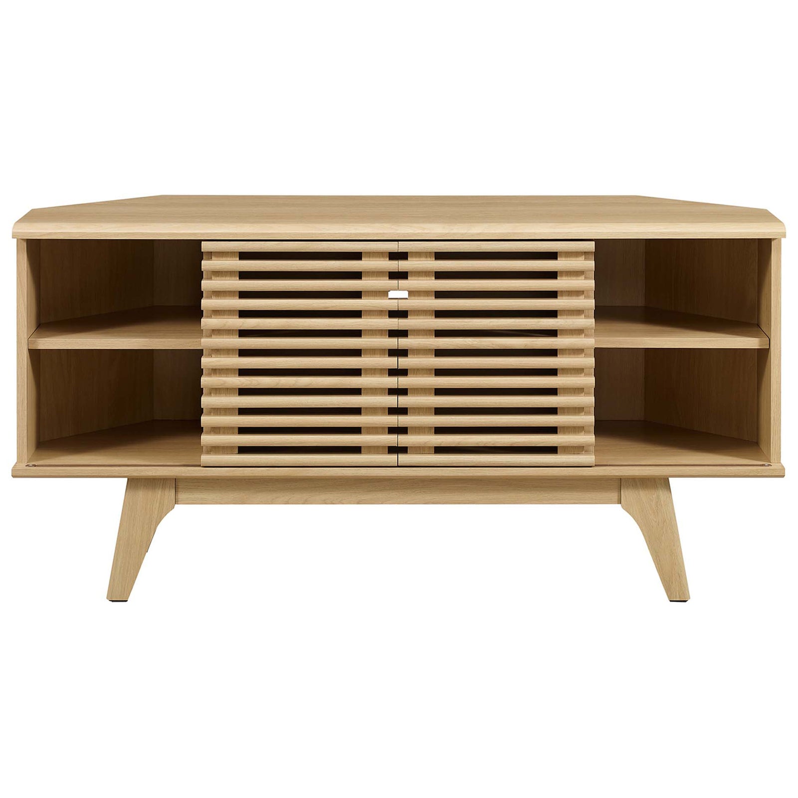 Central slatted doors conceal components while open side cubbies showcase decor on this oak TV stand || EEI-6157-OAK || front_studio