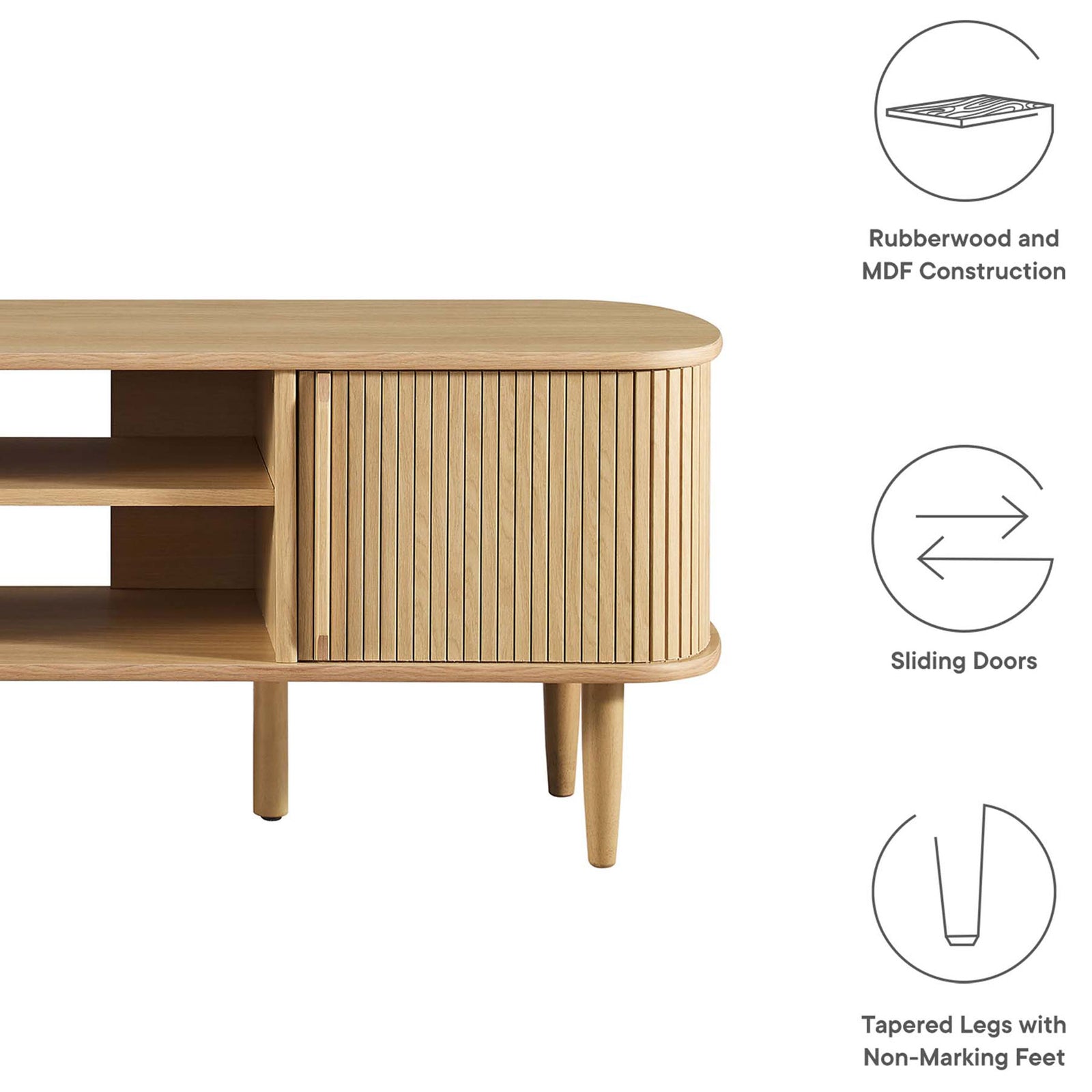Icons highlight rubberwood construction, sliding doors, and tapered legs on the TV stand || EEI-6158-OAK || callout_studio