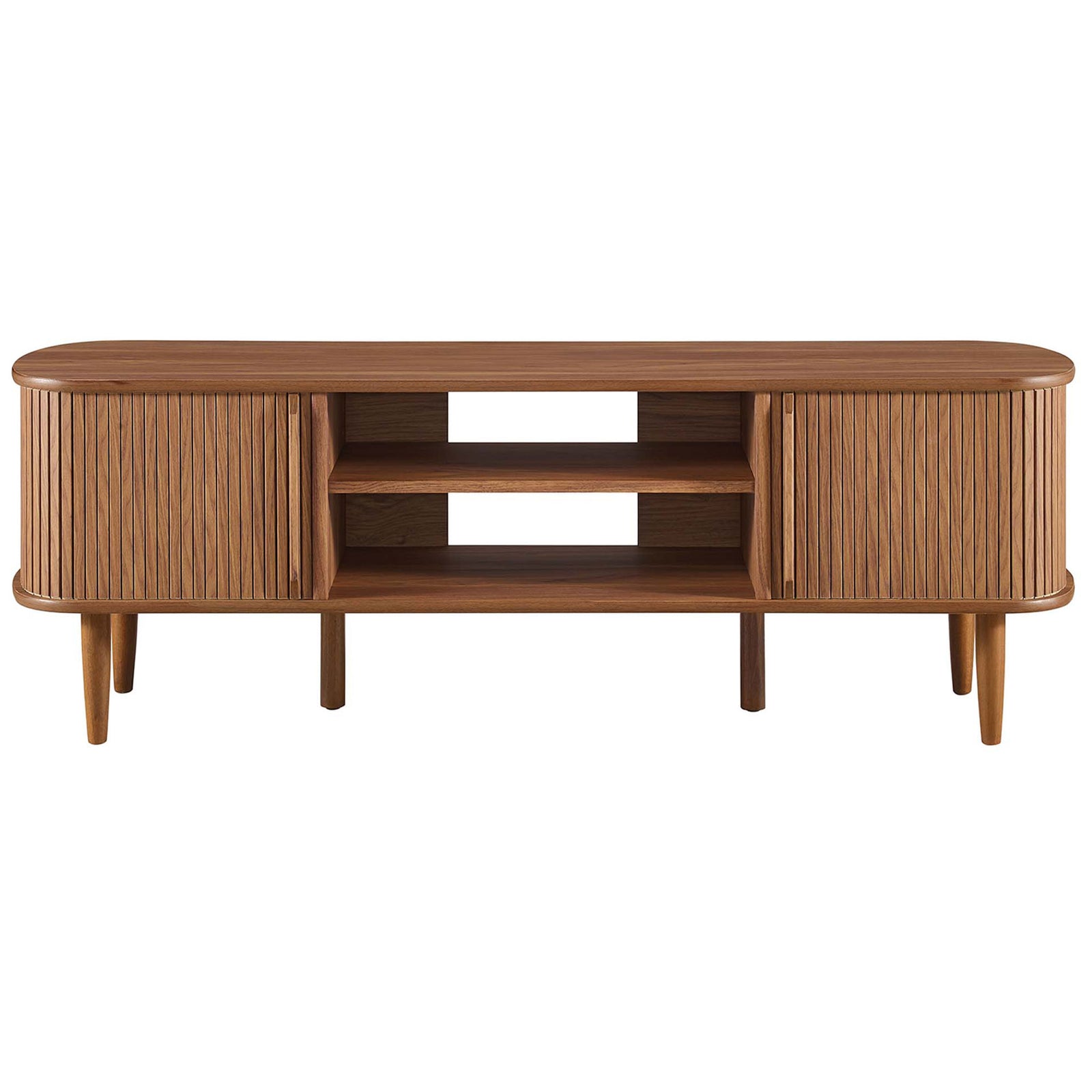 Mid-century walnut TV stand with slatted sliding doors and open center shelves || EEI-6158-WAL || front_studio
