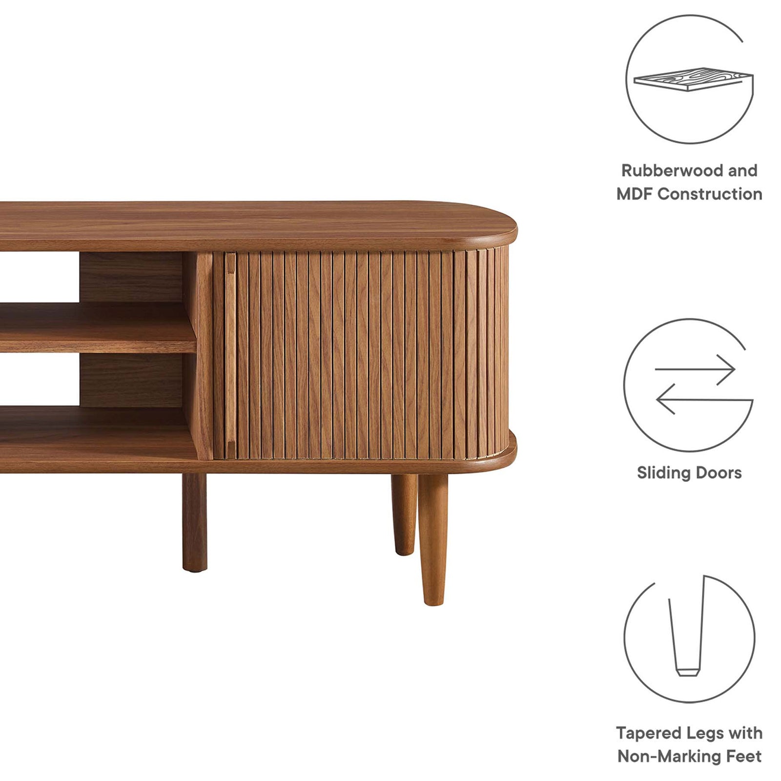 Feature icons highlight rubberwood build, sliding doors, and tapered legs on the stand || EEI-6158-WAL || callout_studio
