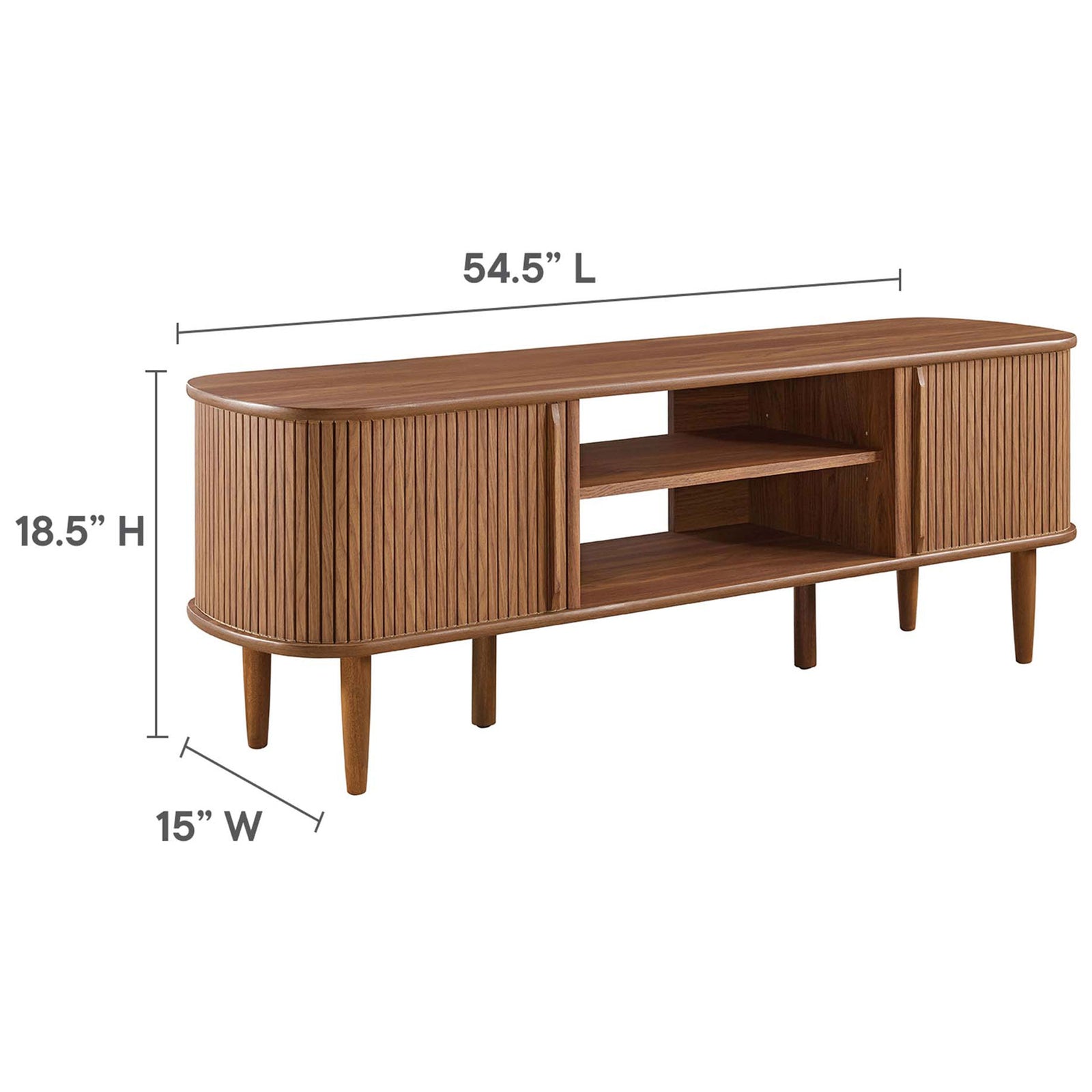 Dimensions of the 55-inch walnut TV stand with width, height, and depth shown || EEI-6158-WAL || dimension_studio