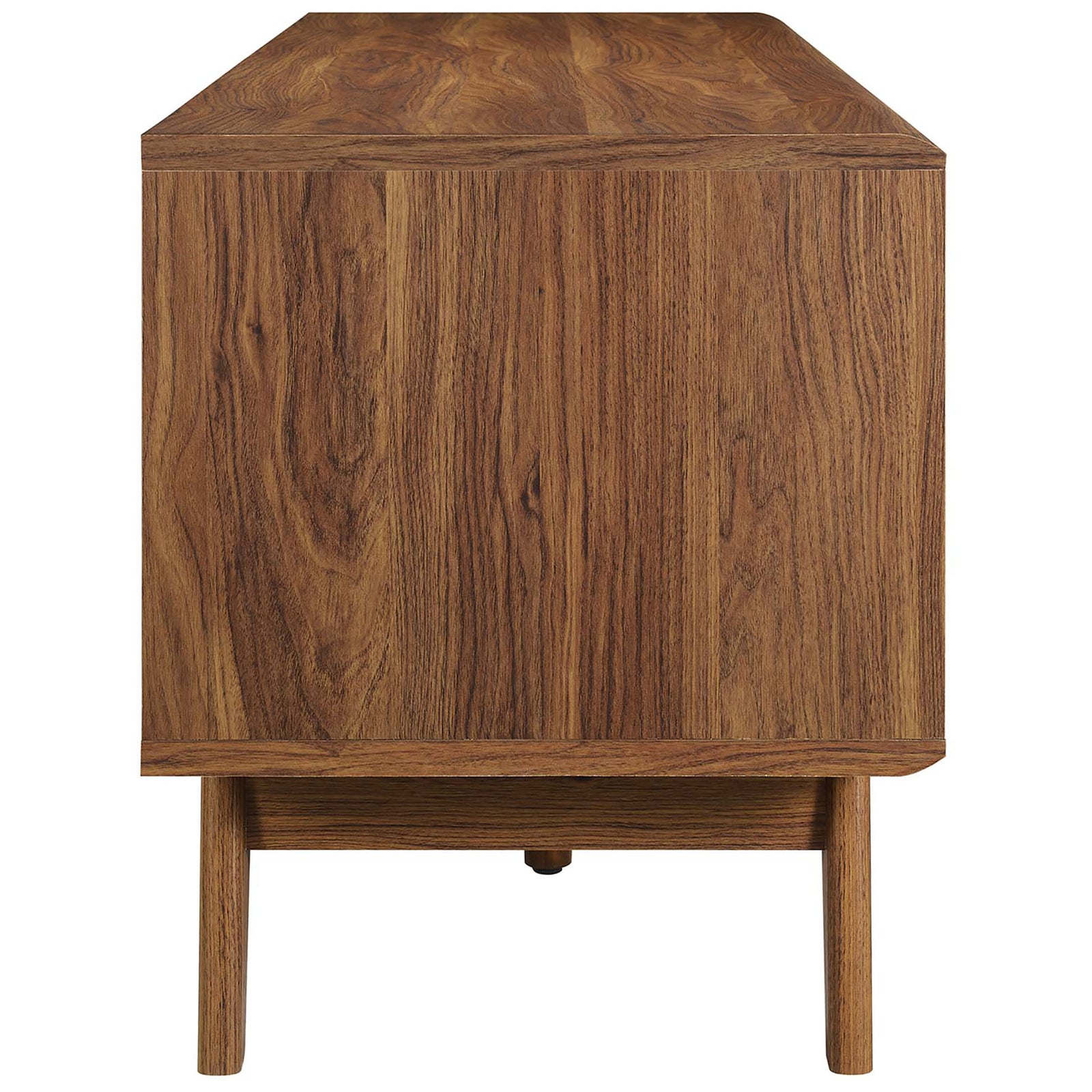 Walnut TV stand showcasing rich wood grain and clean, uninterrupted side paneling on tapered legs || EEI-6180-WAL || side_studio